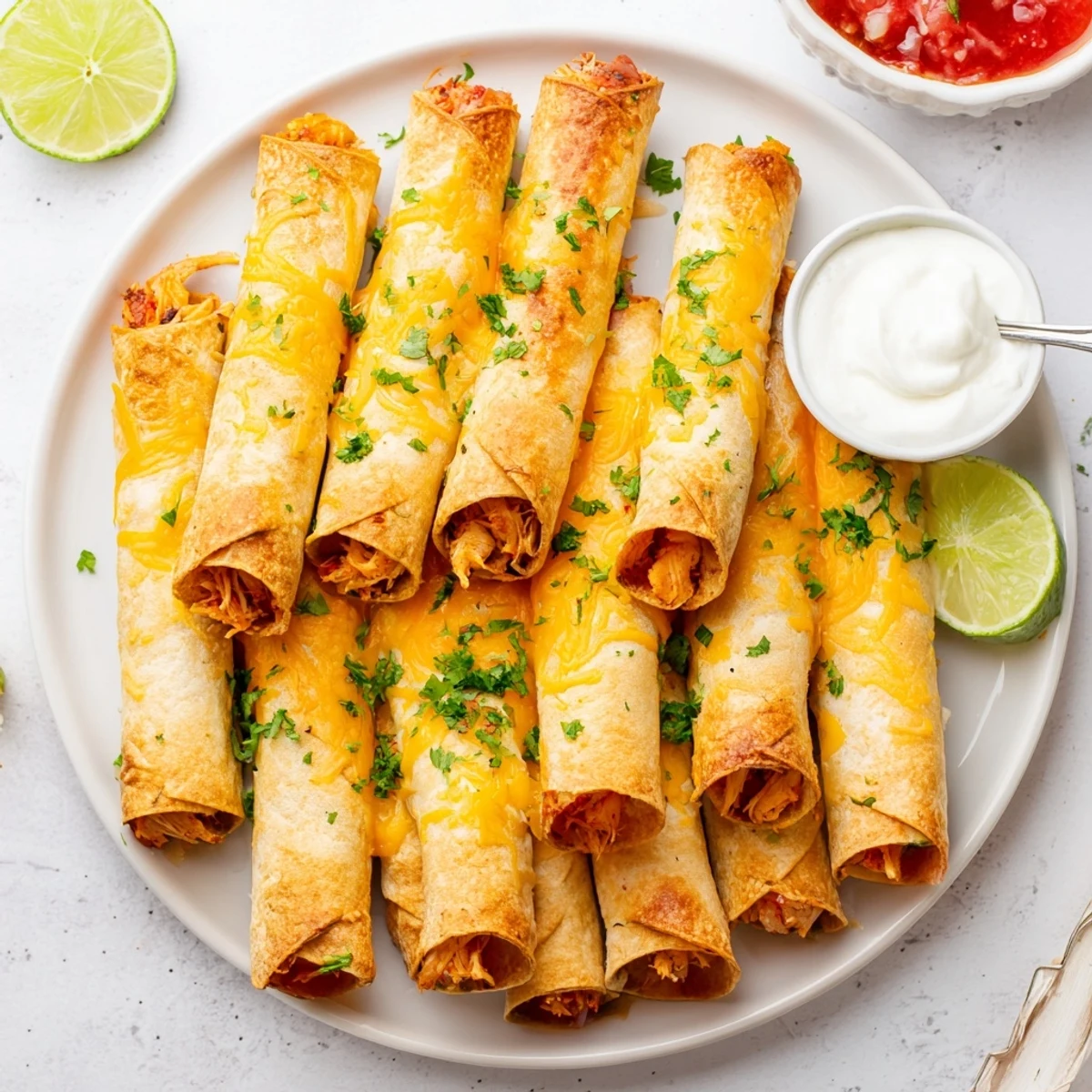 Golden crispy chicken taquitos filled with melted cheese and seasoned shredded chicken