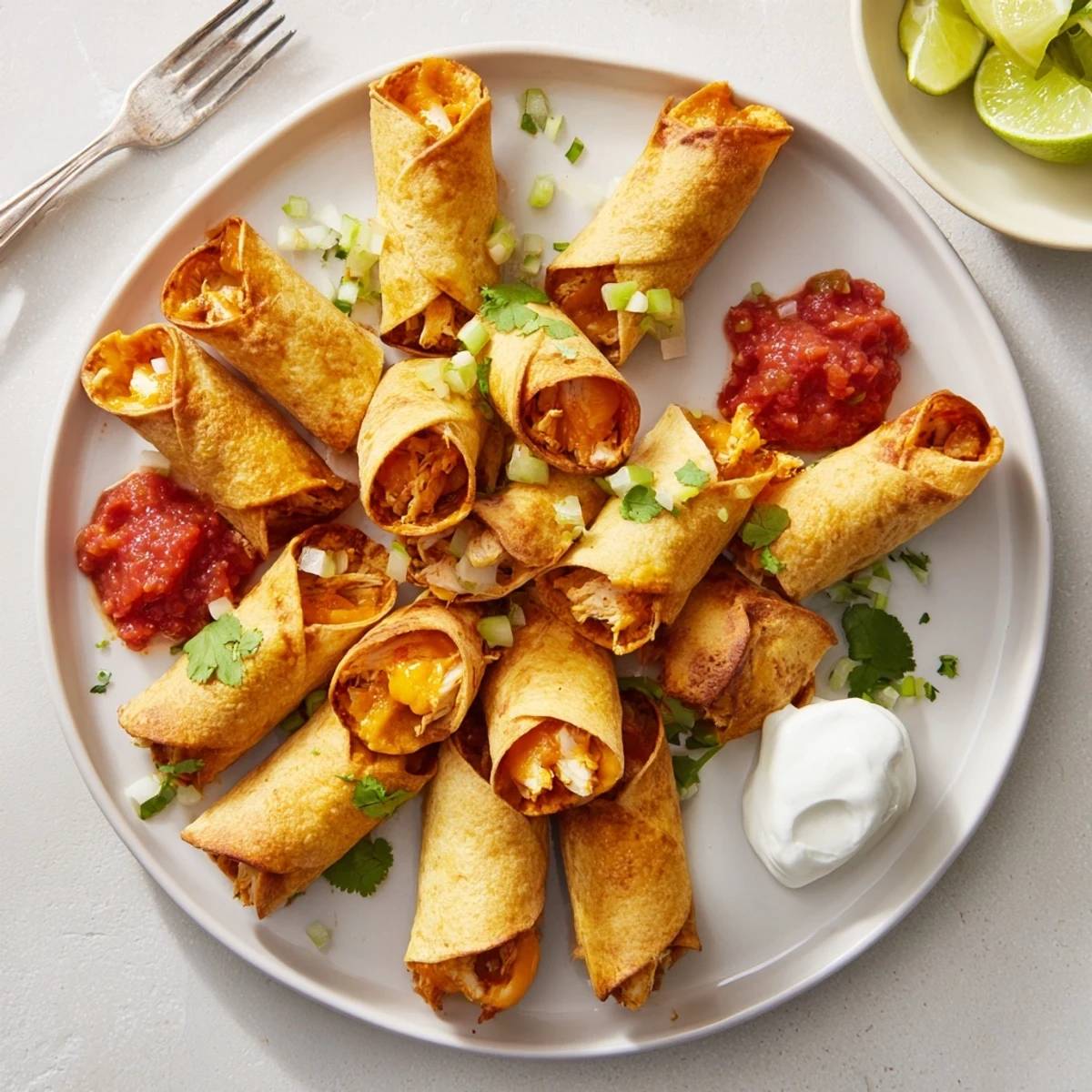 Plate of crispy chicken taquitos garnished with fresh cilantro ready for dipping
