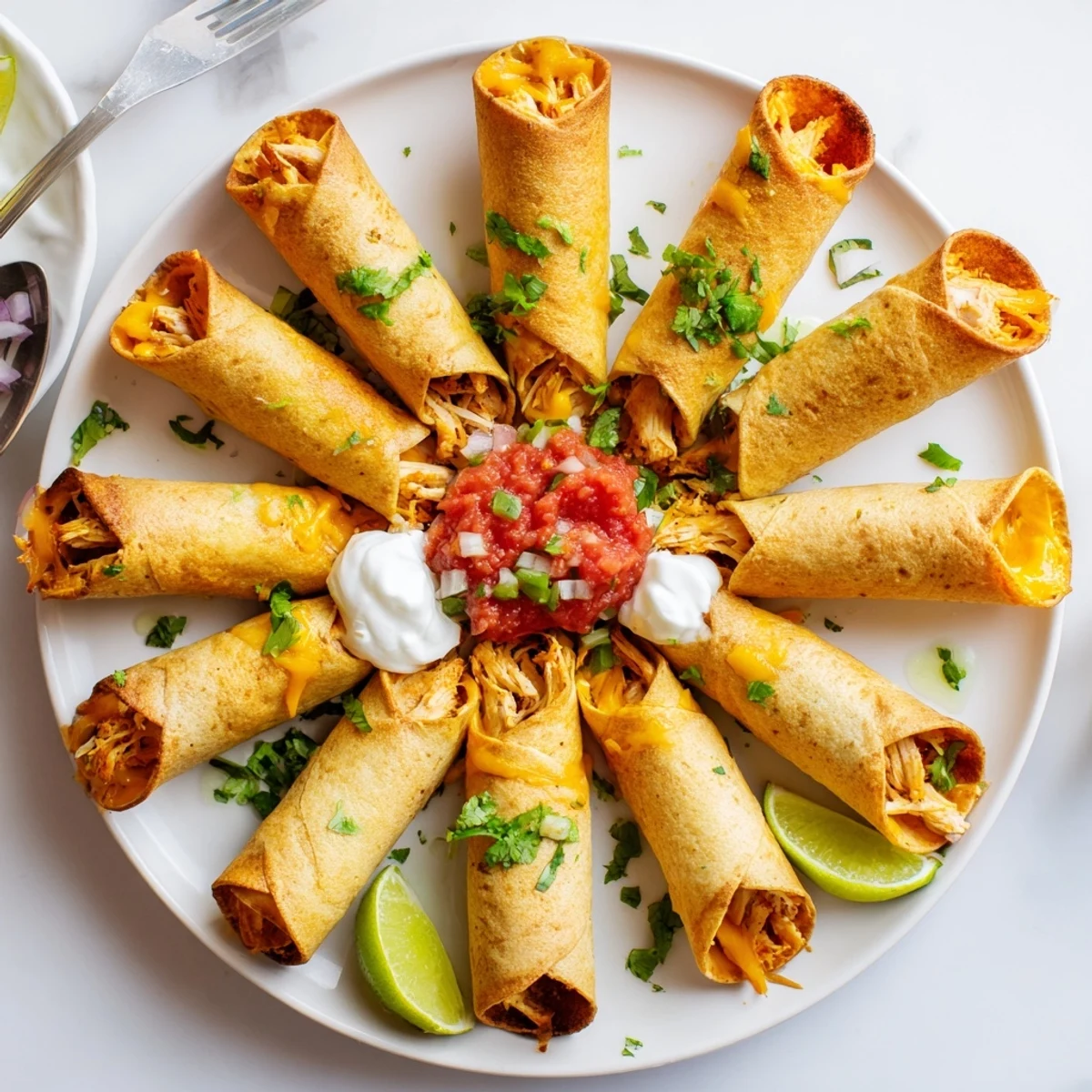 Baked chicken taquitos with crunchy corn tortillas rolled around cheesy spiced filling