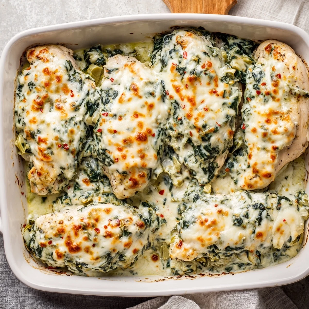 Golden bubbly Spinach and Artichoke Chicken Bake fresh from the oven with melted cheese topping