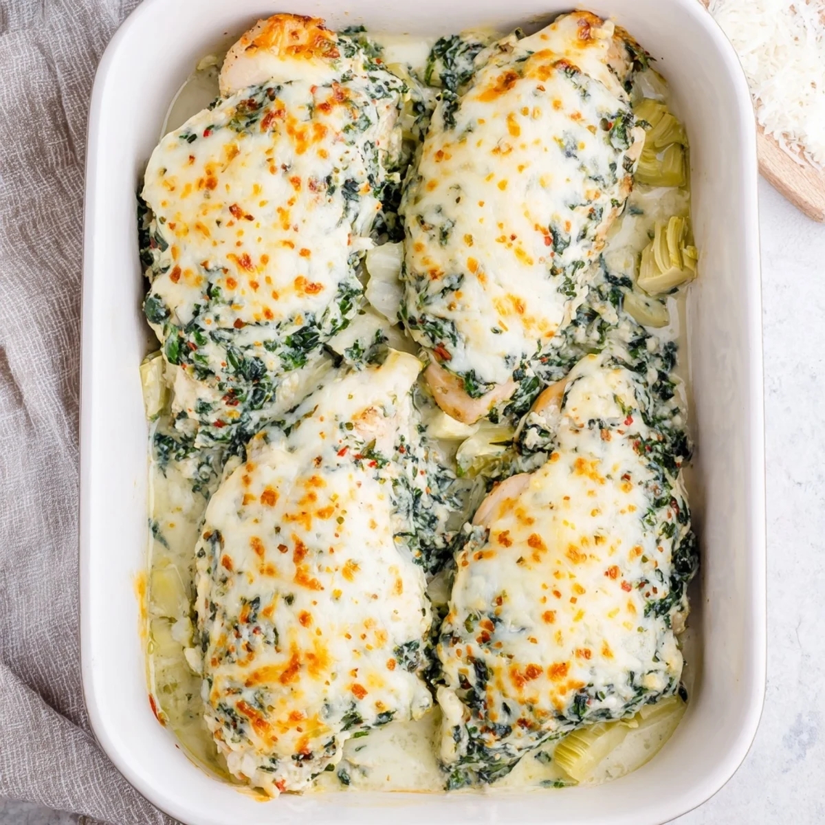 Creamy spinach and artichoke stuffed chicken breasts baked to golden perfection with mozzarella