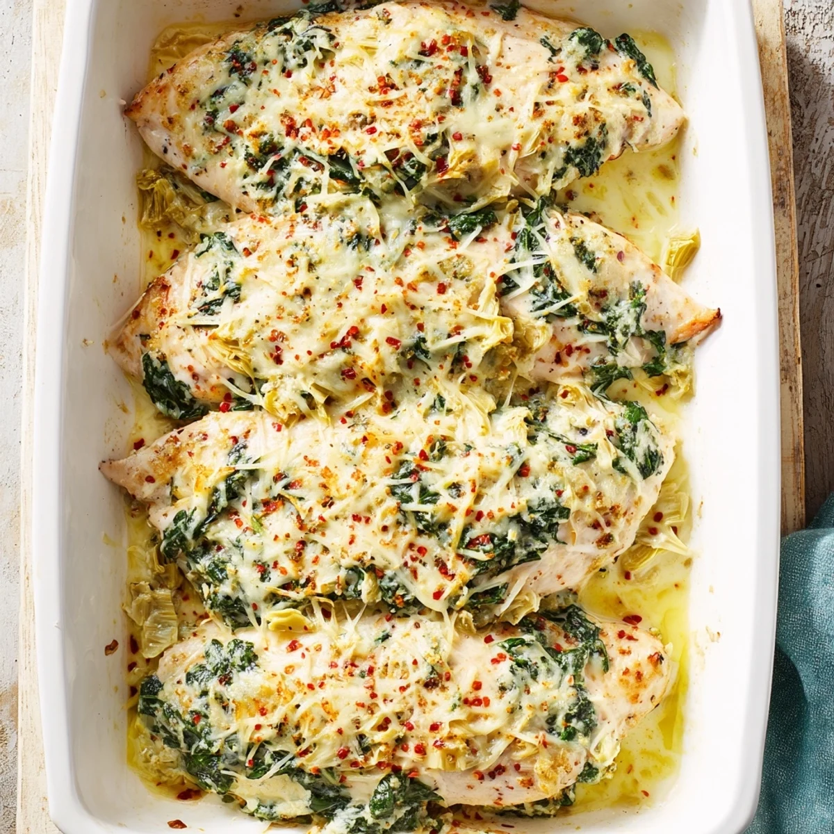 Savory Spinach and Artichoke Chicken Bake casserole topped with bubbly melted Parmesan and mozzarella cheese