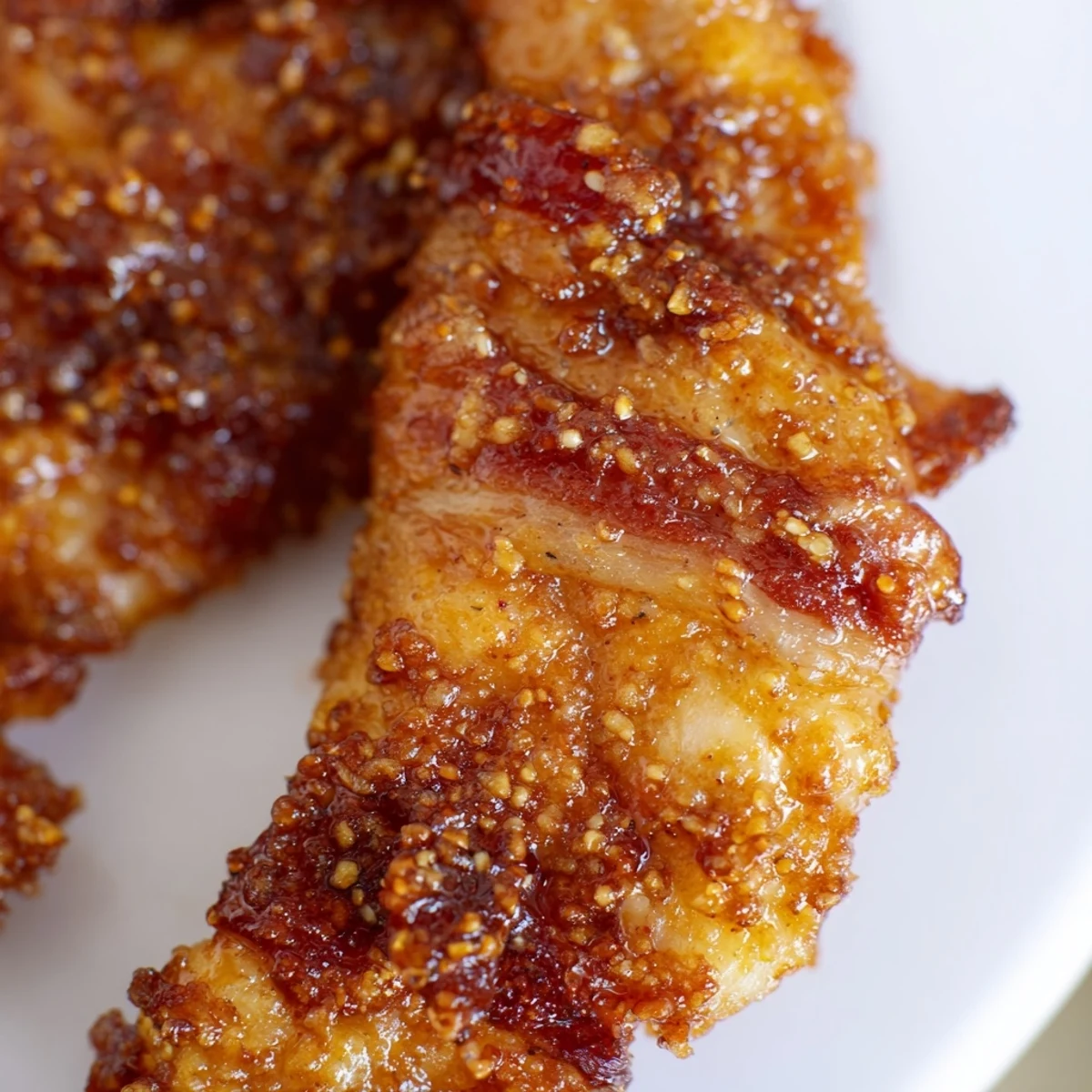Golden brown sugar glazed chicken tenders wrapped in smoky bacon strips