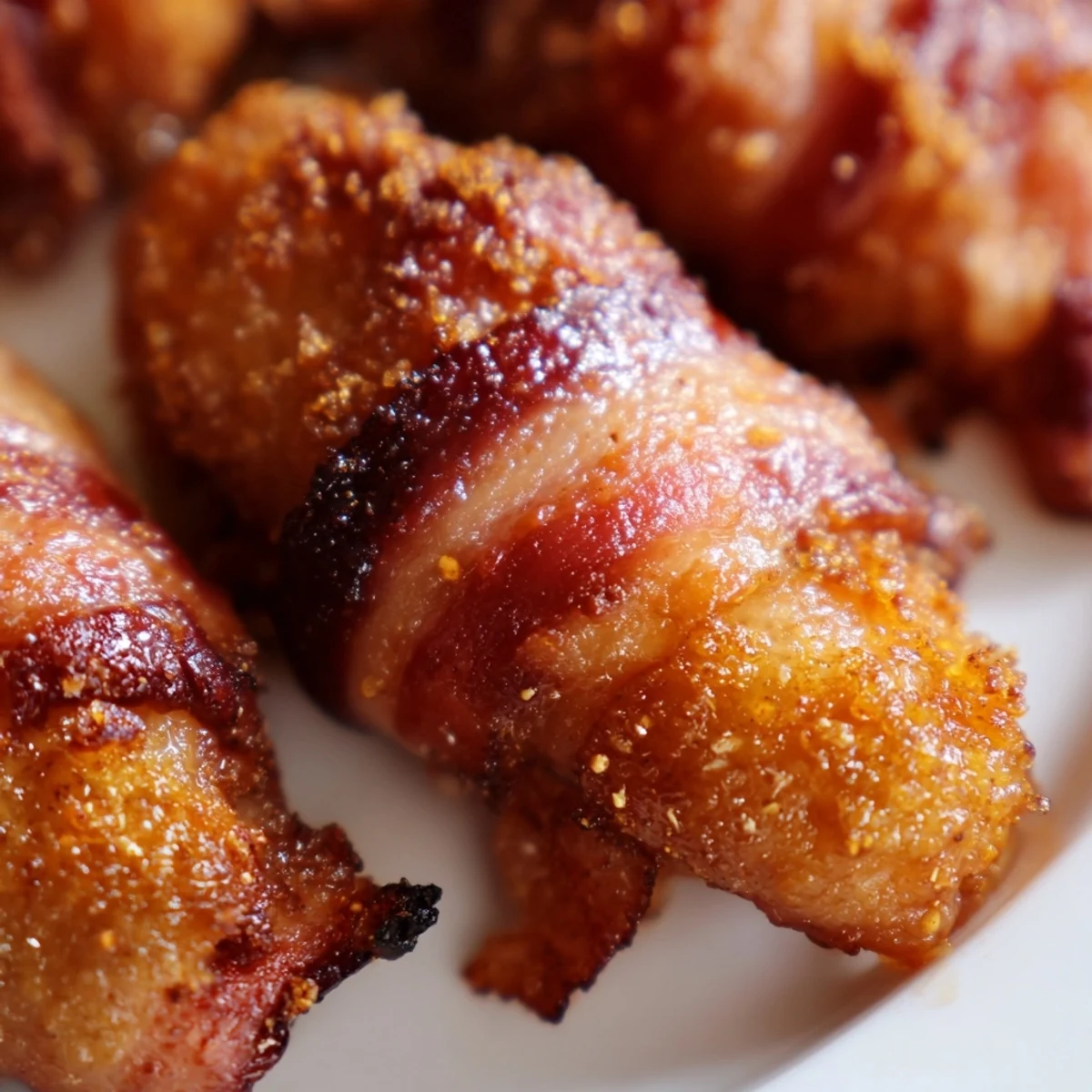 Bacon brown sugar chicken tenders with crispy caramelized coating on a wire rack