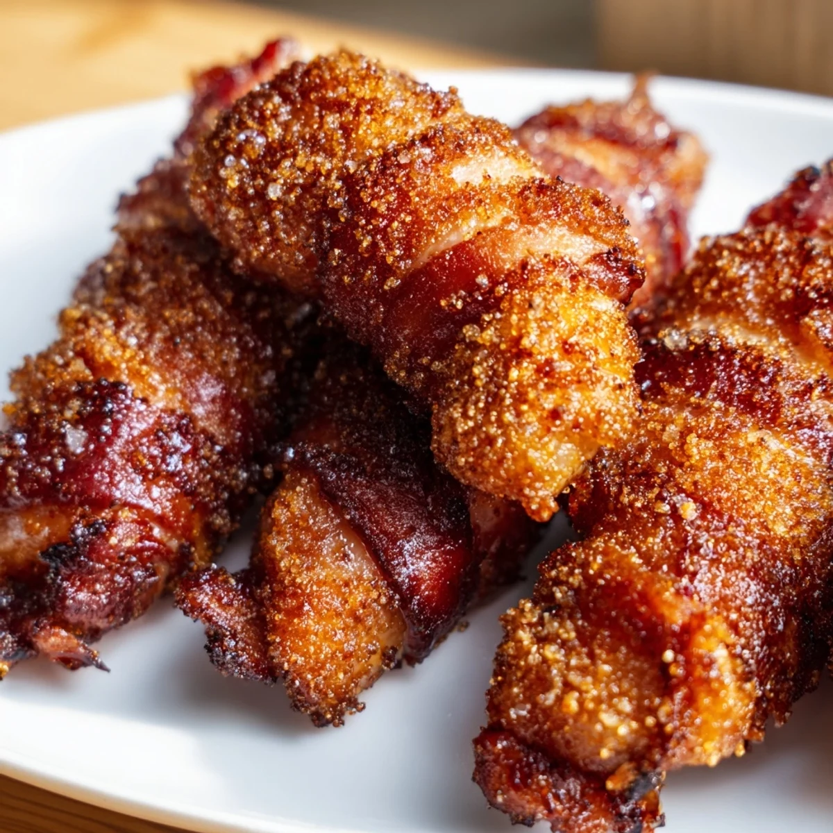 Plate of sweet and savory bacon brown sugar chicken tenders ready to serve