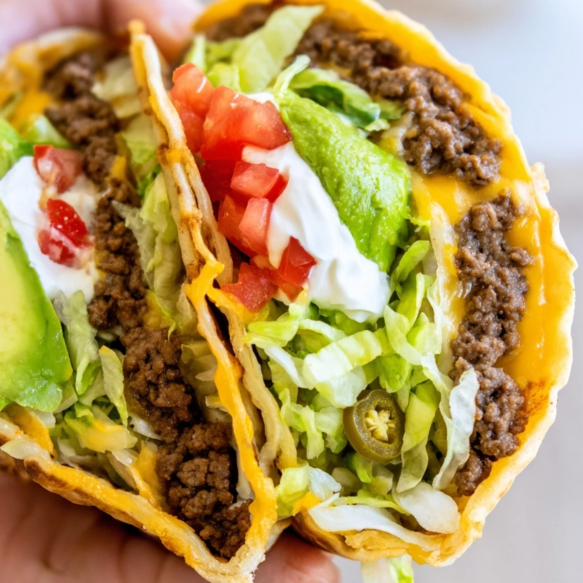 Crispy low-carb crunchwrap featuring folded tortilla edges filled with savory ground beef and creamy sour cream