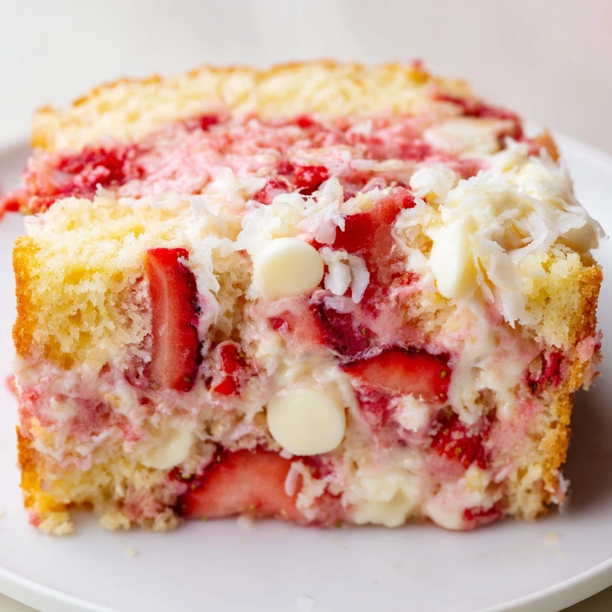 Gooey Strawberry Earthquake Cake with cream cheese swirls and white chocolate chips in a baking pan