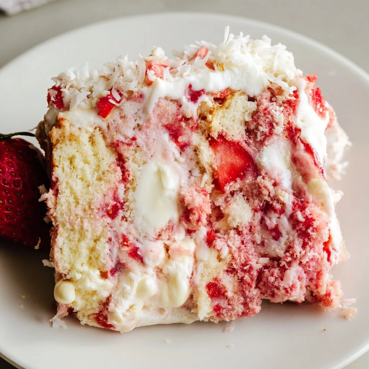 Slice of moist Gooey Strawberry Earthquake Cake showing marbled cream cheese filling and fresh strawberry pieces