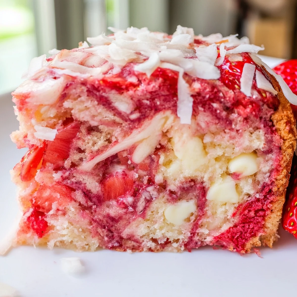 Gooey Strawberry Earthquake Cake served warm with melted white chocolate and diced fresh strawberry topping