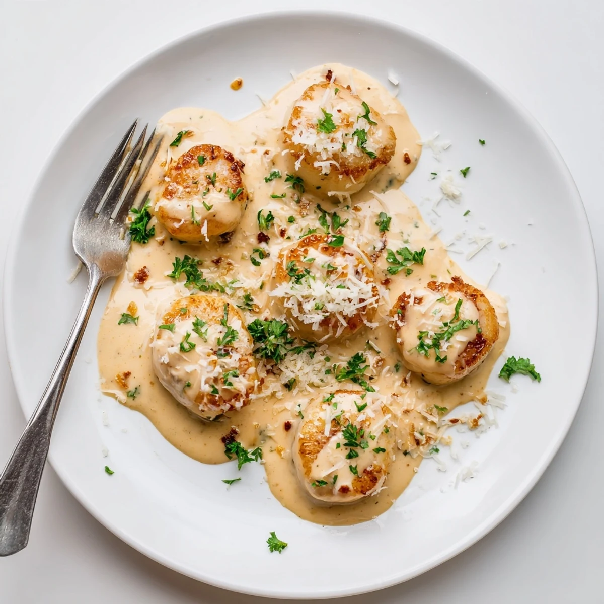 Golden brown seared scallops resting in a spicy Cajun cream sauce with fresh parsley