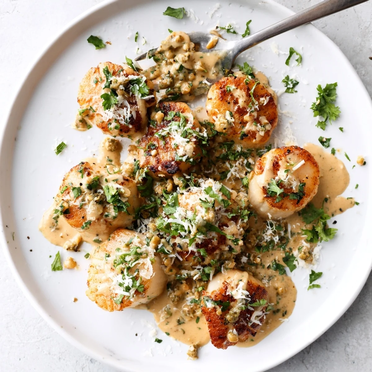 Perfectly cooked scallops in a creamy Cajun spice sauce topped with chopped parsley