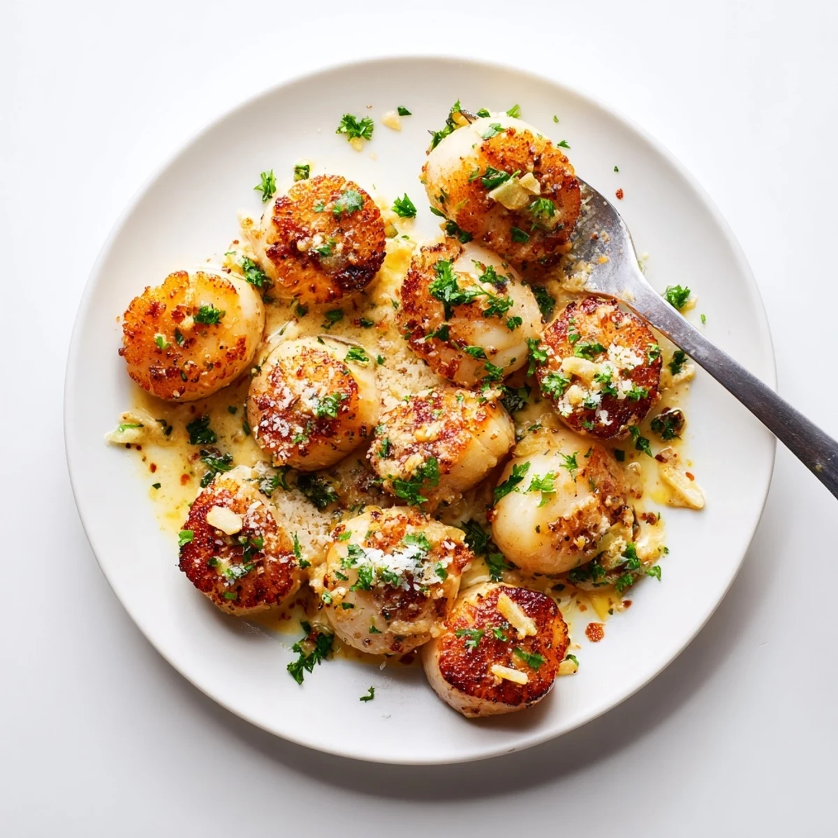 Pan-seared sea scallops drizzled with rich Cajun cream sauce and garnished with green herbs