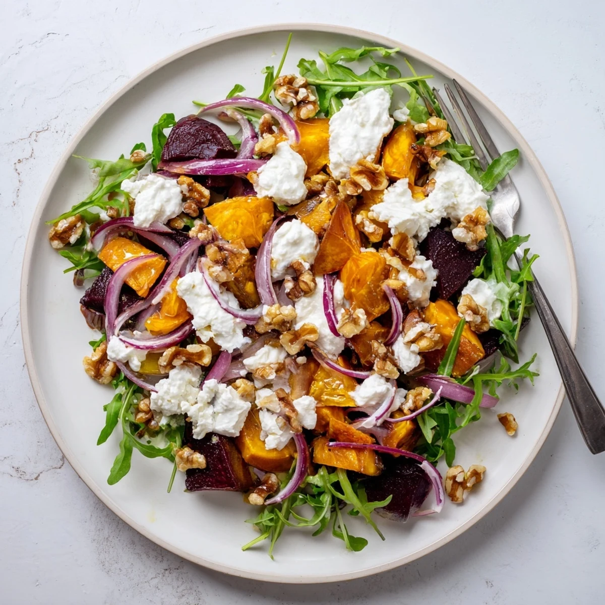 Golden roasted beets and sweet potatoes topped with crumbled feta and creamy yogurt dressing on a bed of fresh arugula