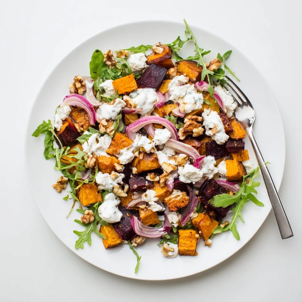 Colorful creamy roasted beet salad featuring sweet potato cubes, feta cheese crumbles, and toasted walnuts drizzled with luscious yogurt dressing