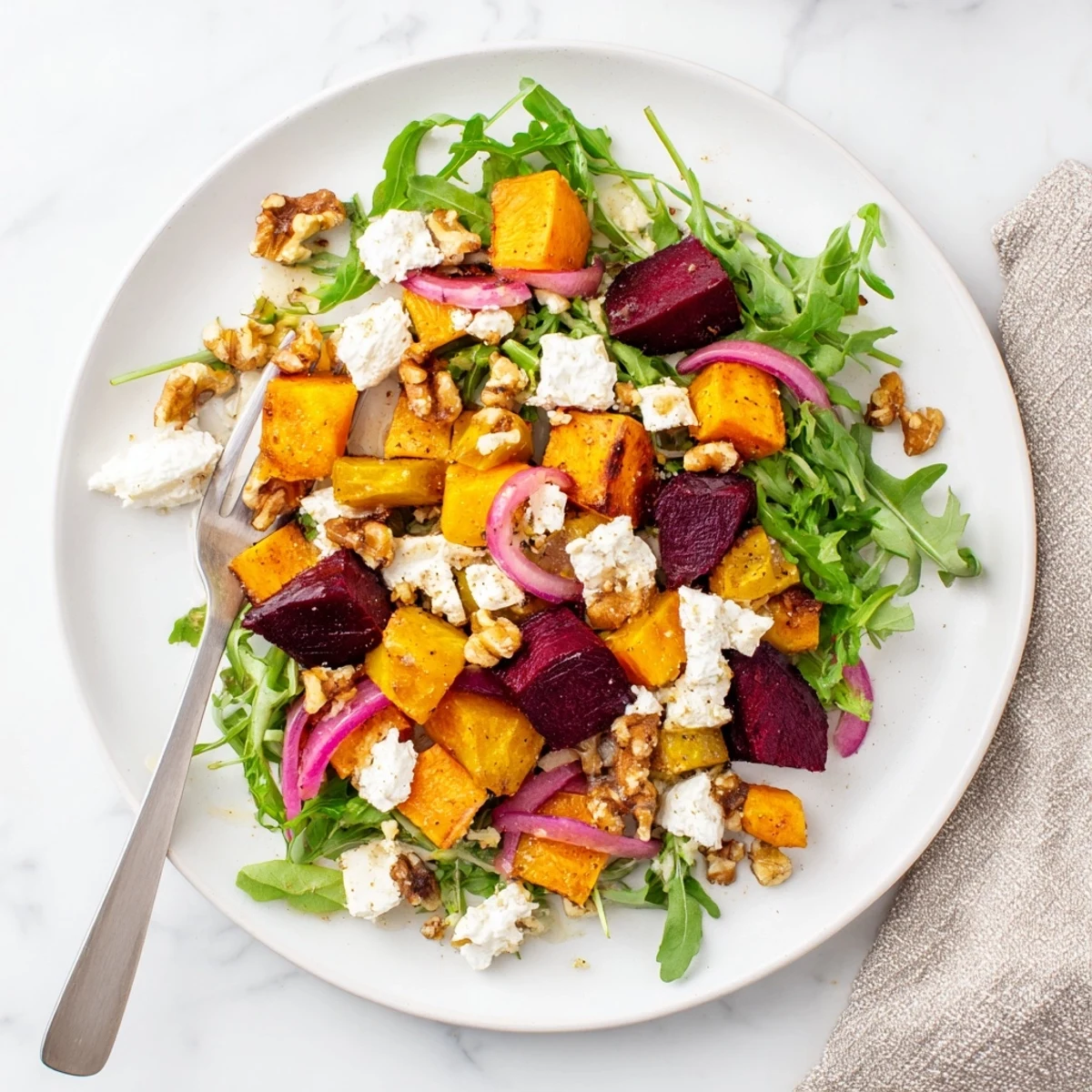 Vibrant bowl of roasted beet and sweet potato salad arranged on mixed greens with tangy feta and honey yogurt dressing