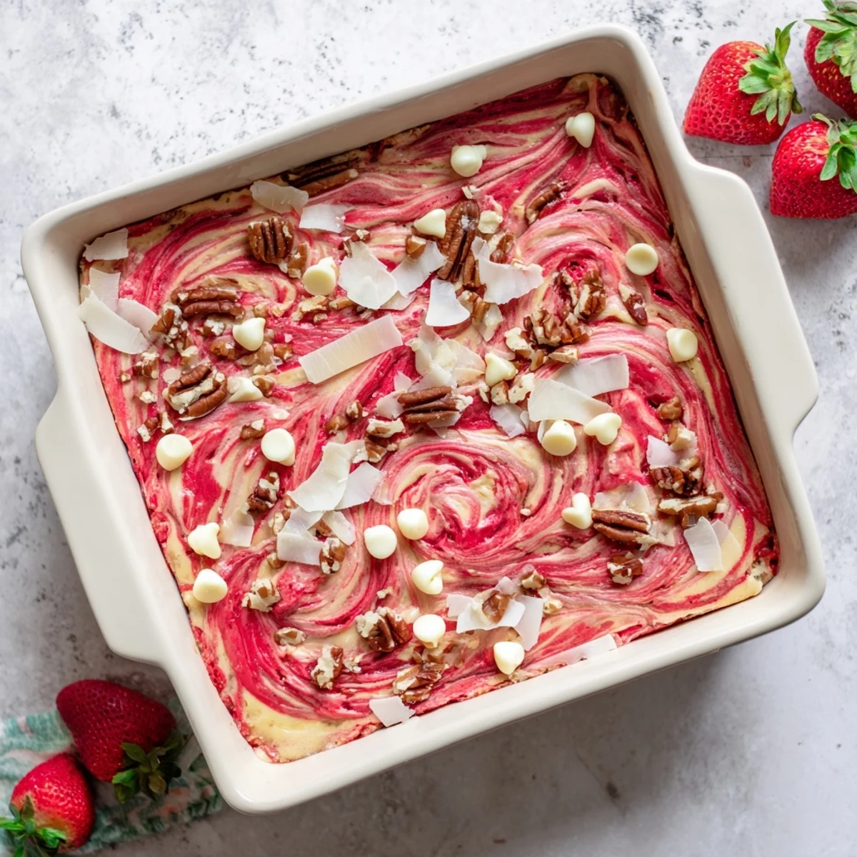 Golden strawberry earthquake cake with swirled cream cheese filling and white chocolate chips