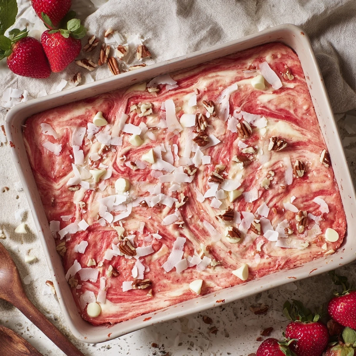 Warm strawberry earthquake cake served square with marbled cream cheese and scattered coconut toppings