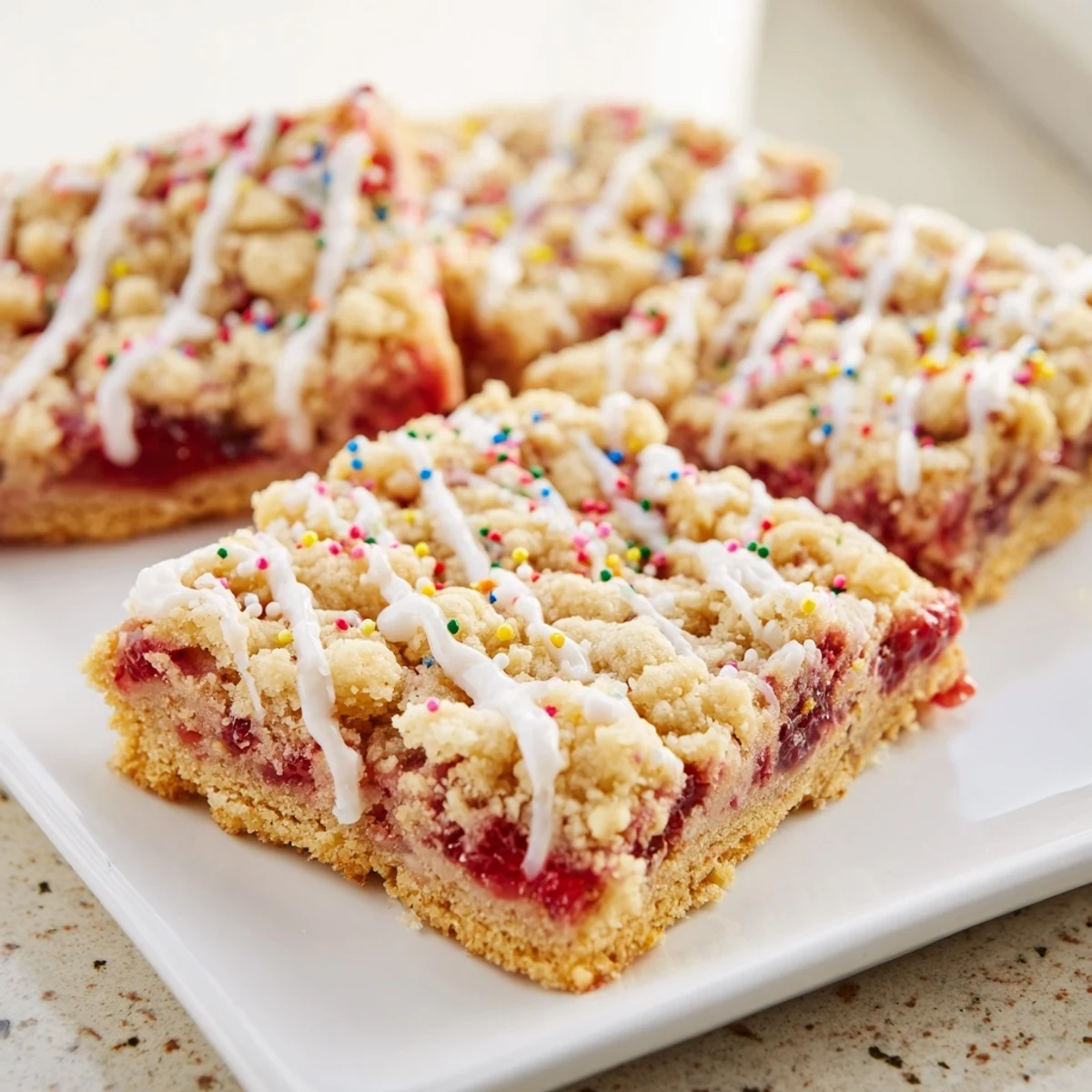 Golden poptart cookie bars with strawberry jam and white glaze topped with colorful rainbow sprinkles