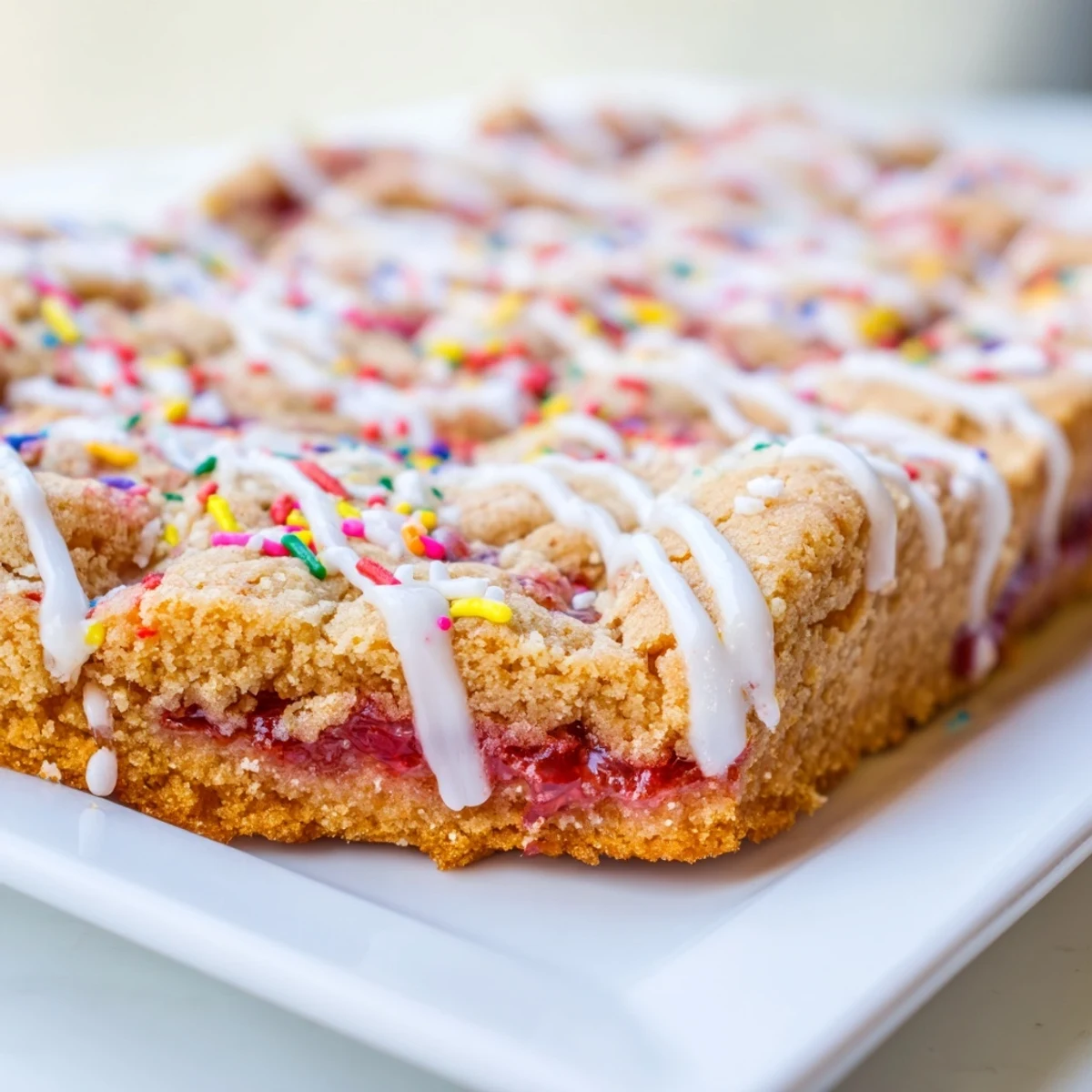 Soft baked cookie bars with fruity jam center and drizzled powdered sugar glaze decorated with vibrant sprinkles