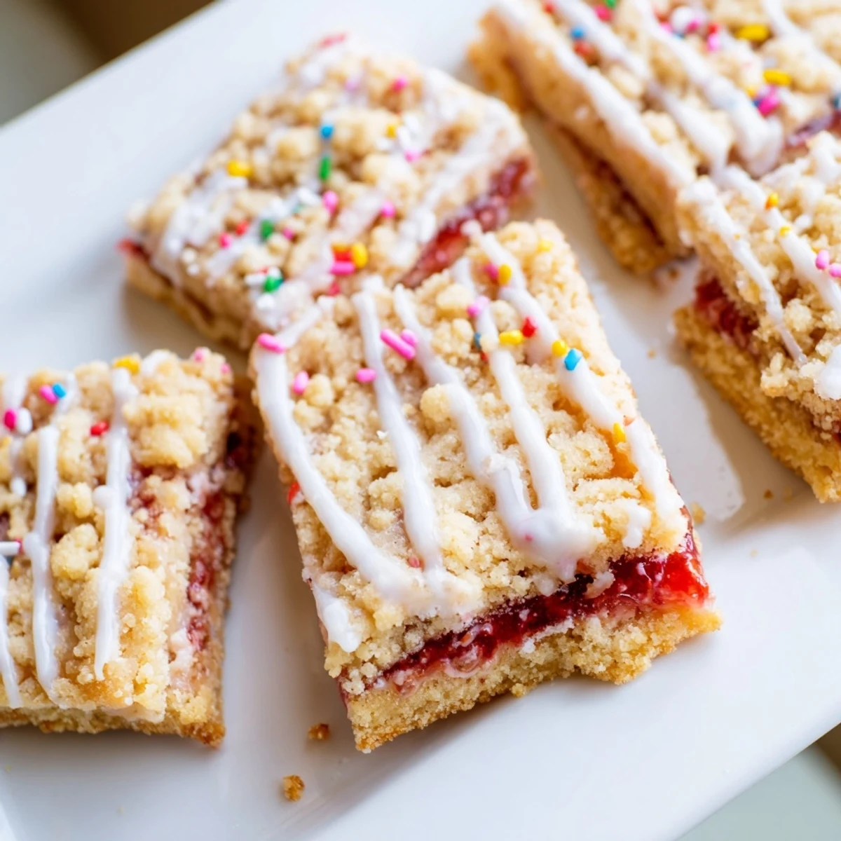 Square dessert bars featuring crumbled sugar cookie layers over sweet strawberry jam filling finished with vanilla icing