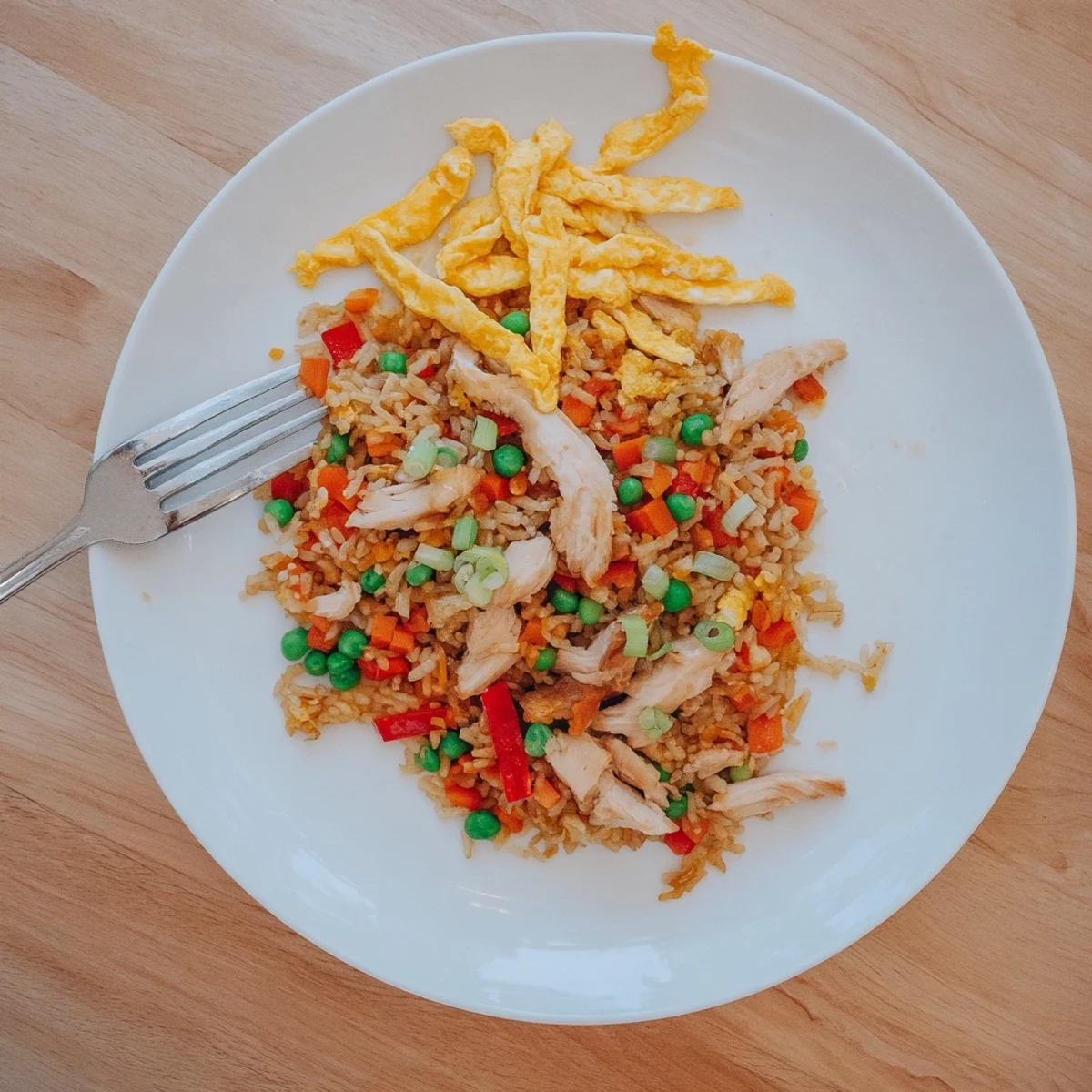 Steaming plate of Asian style chicken fried rice garnished with sliced rolled egg omelette