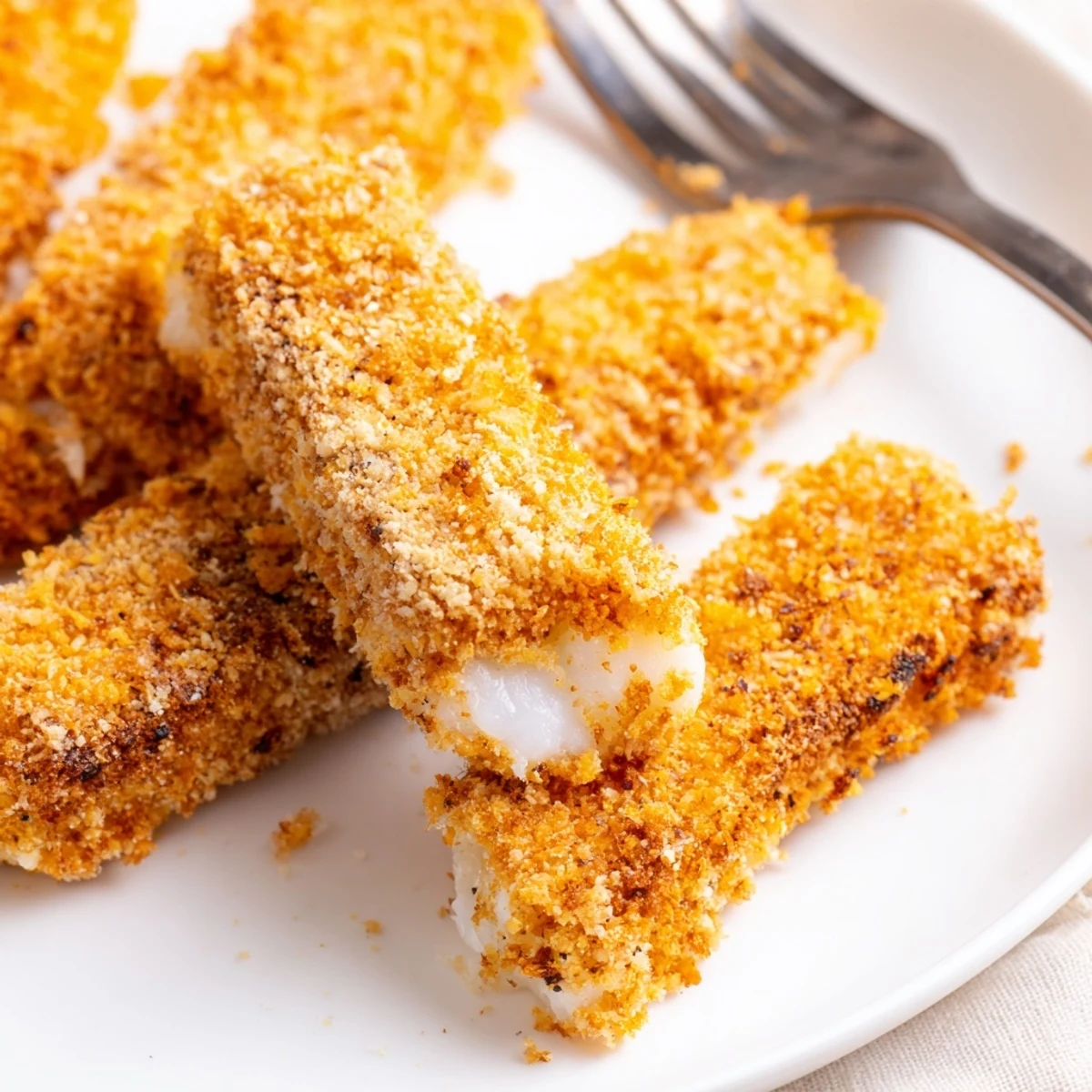Golden baked corn chip fish fingers arranged on a white serving plate with fresh lemon wedges