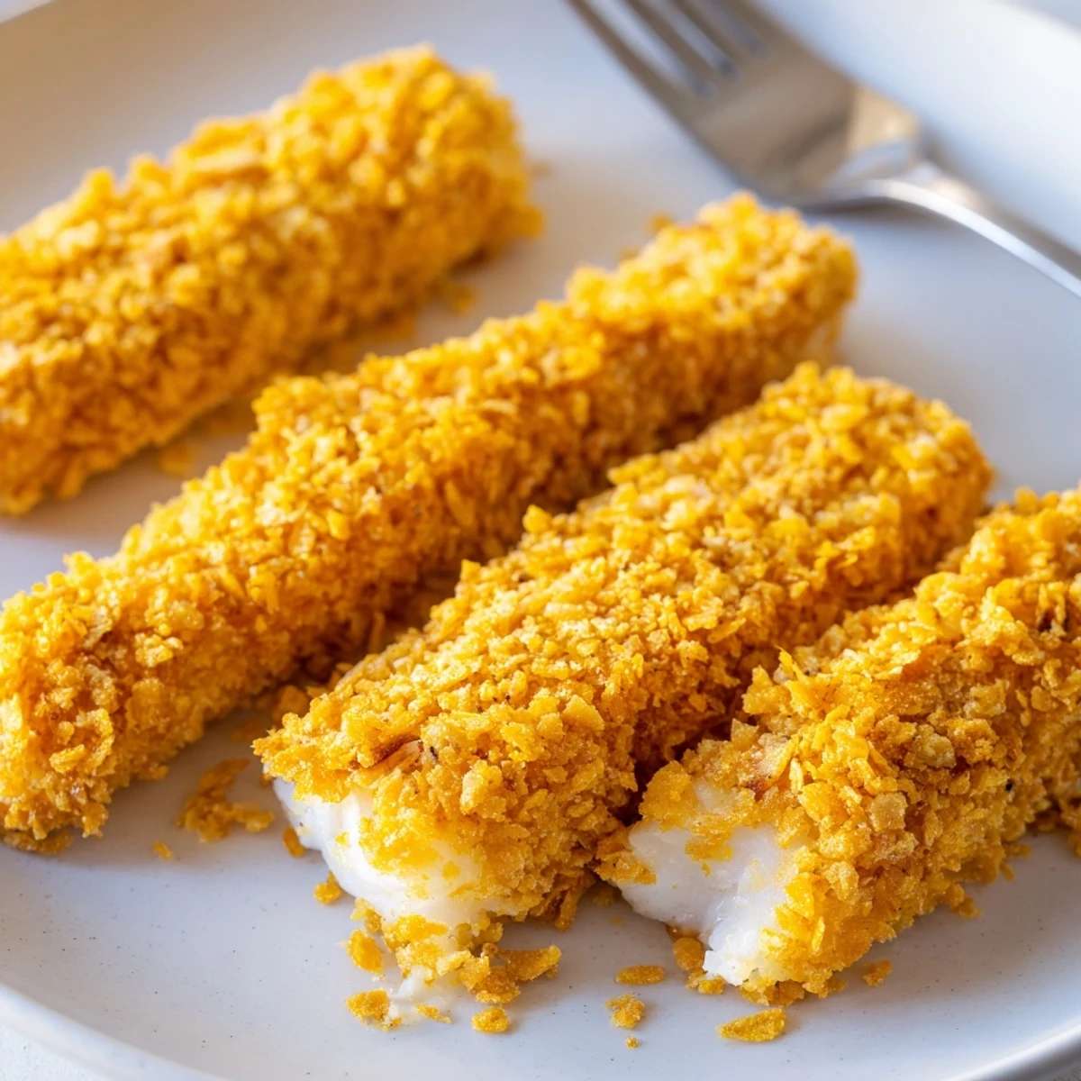 Crunchy corn chip coated fish fingers ready for dipping with tartare sauce on a rustic wooden board