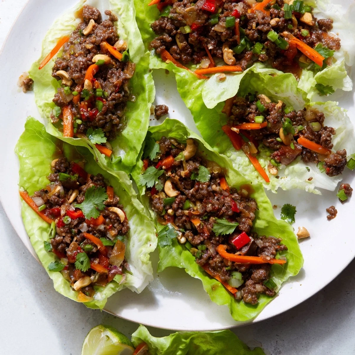 Crisp butter lettuce leaves topped with minced beef, roasted cashews, and colorful vegetables