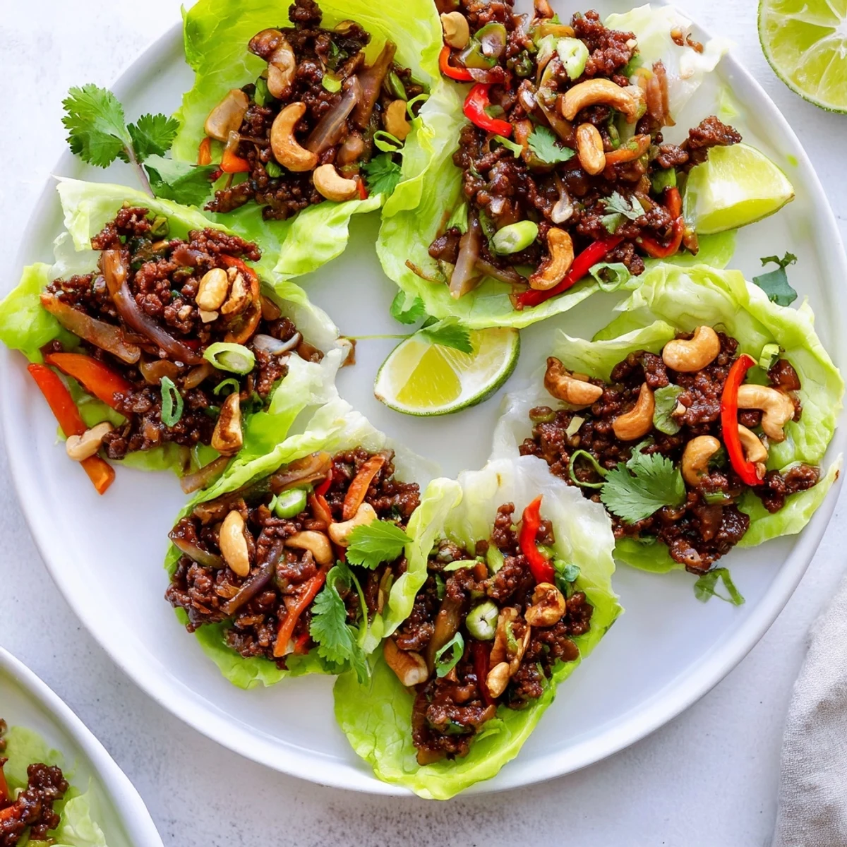 Close-up of Asian-style beef and cashew lettuce cups garnished with cilantro and lime