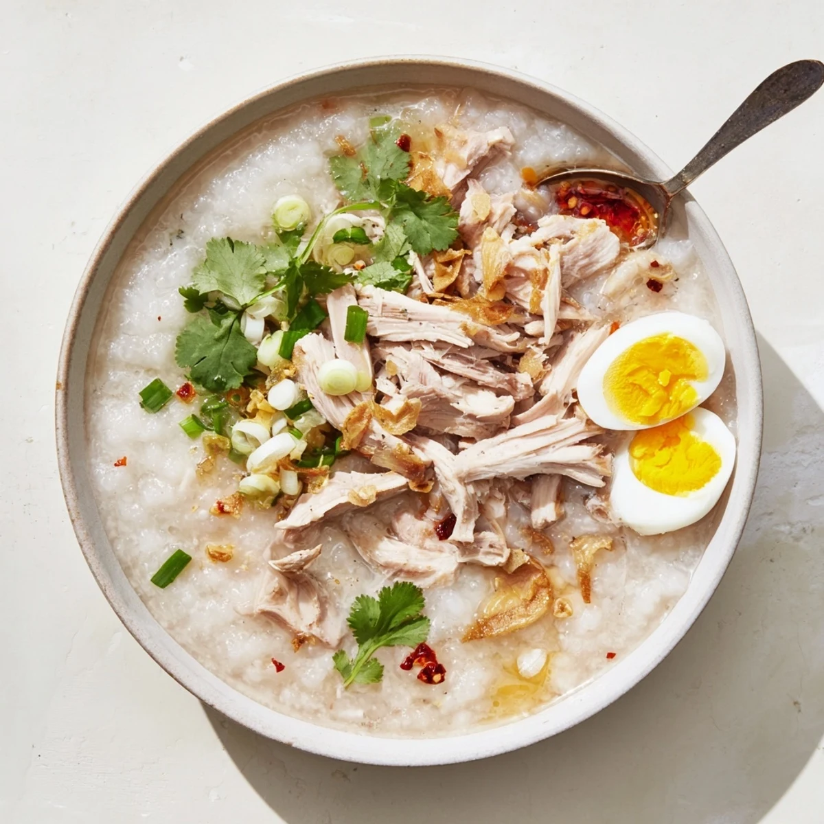 Creamy leftover Thanksgiving turkey congee topped with fresh scallions and crispy shallots in a white bowl
