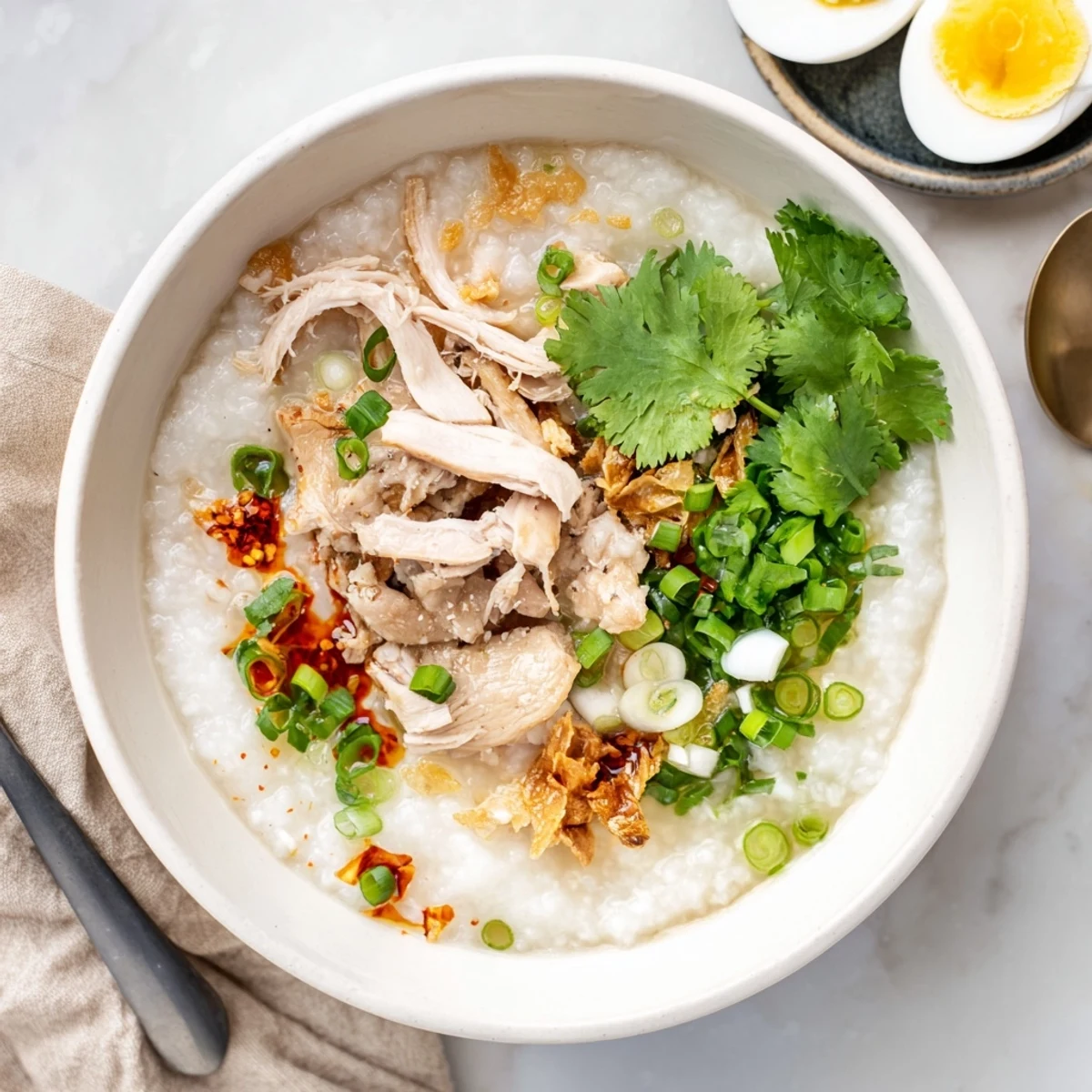 Savory rice porridge featuring tender holiday turkey chunks with ginger, cilantro and drizzled chili oil