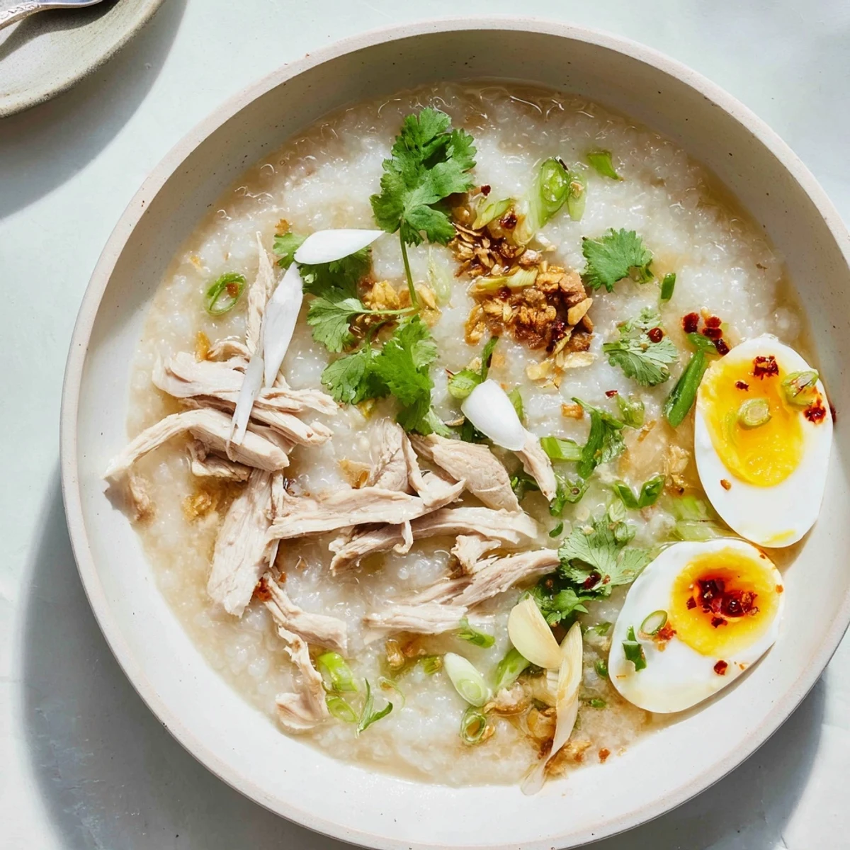 Comforting Asian fusion leftover Thanksgiving turkey congee simmered to perfection with aromatic garlic and fluffy texture
