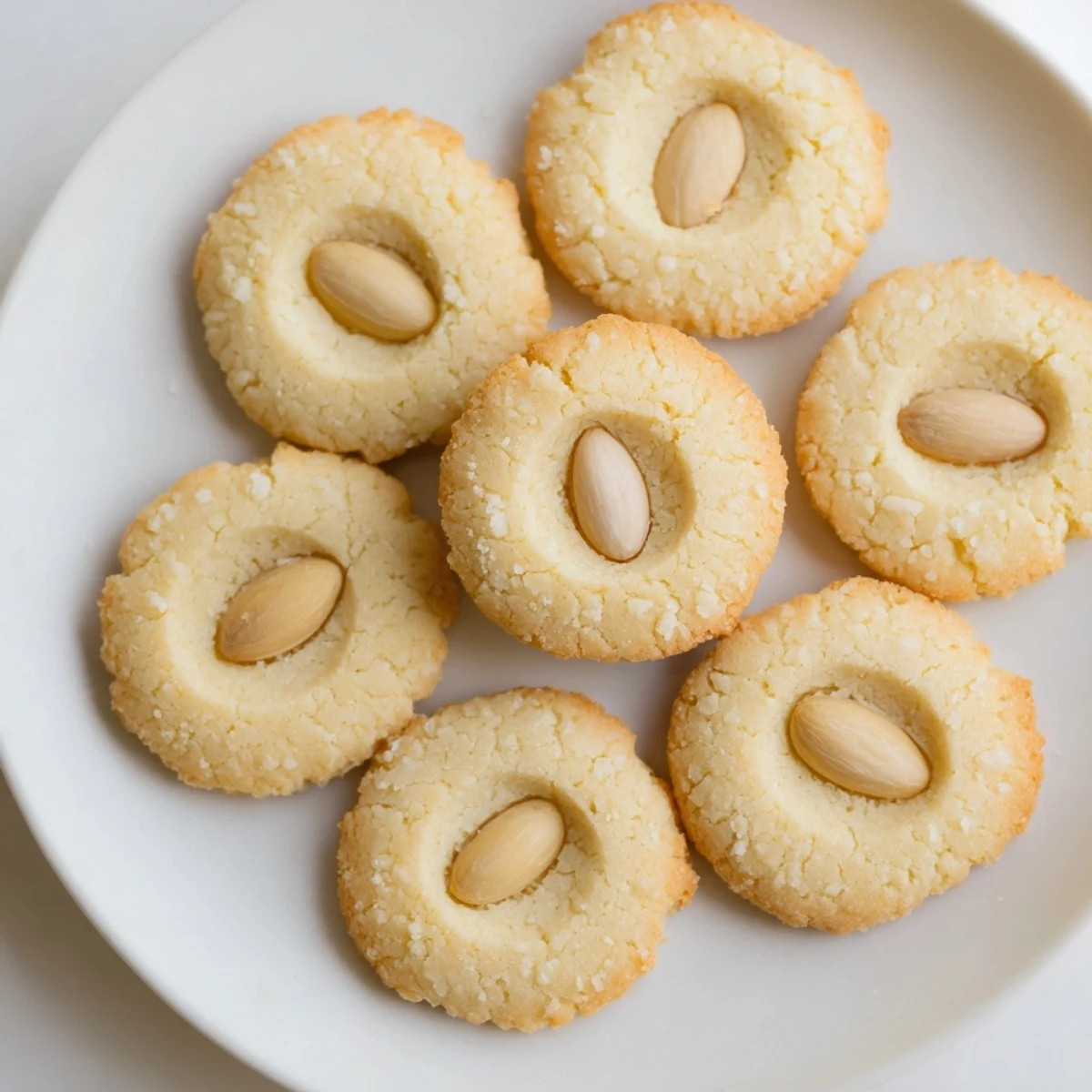Stack of crumbly Chinese almond cookies with a central almond pressed into each