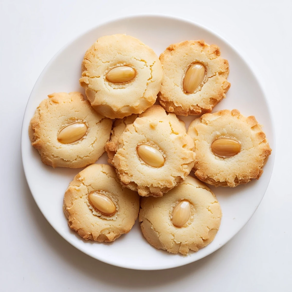Golden Chinese almond cookies topped with whole almonds on a white baking sheet