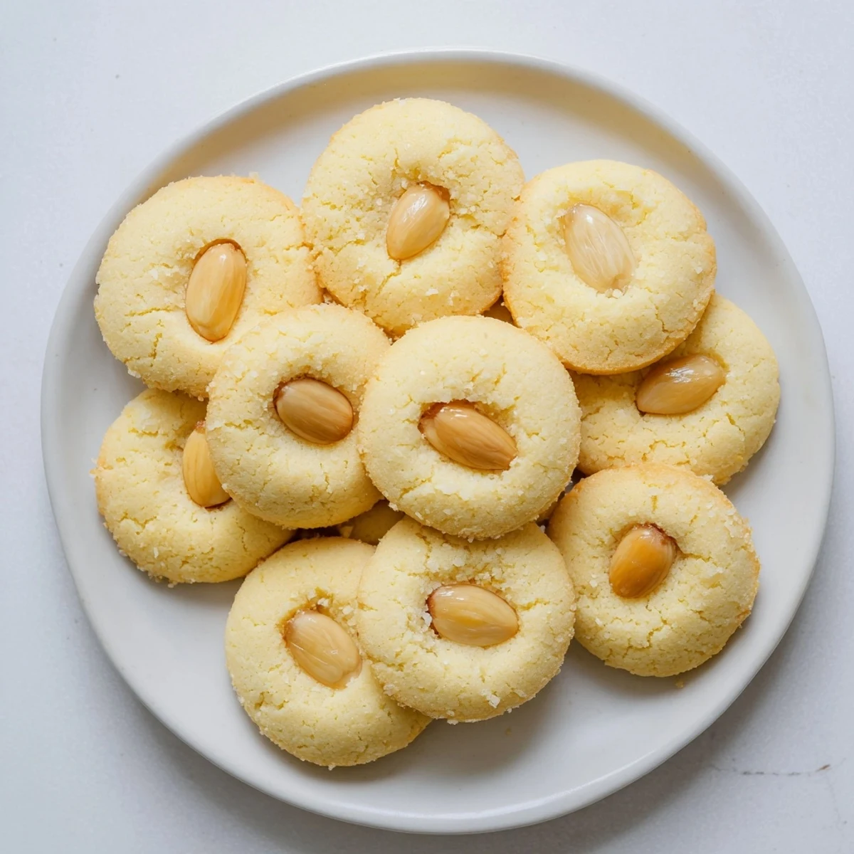 Close-up of baked Chinese almond cookies showing their golden edges and nutty topping