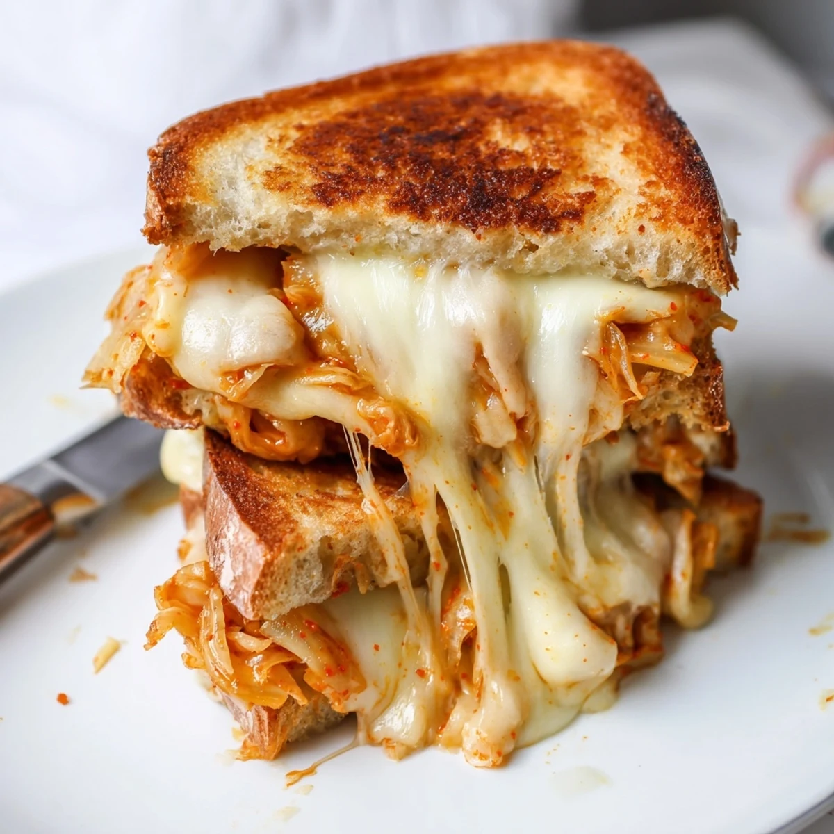 Golden brown kimchi grilled cheese sandwich with melted cheddar and spicy fermented cabbage on a cutting board
