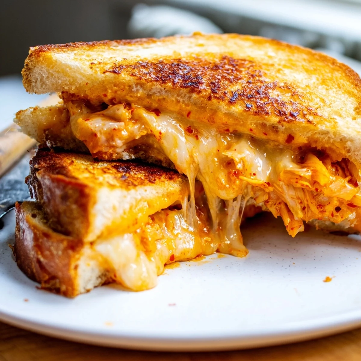 Sliced kimchi grilled cheese revealing gooey melted cheese and tangy kimchi between buttery toasted sourdough bread