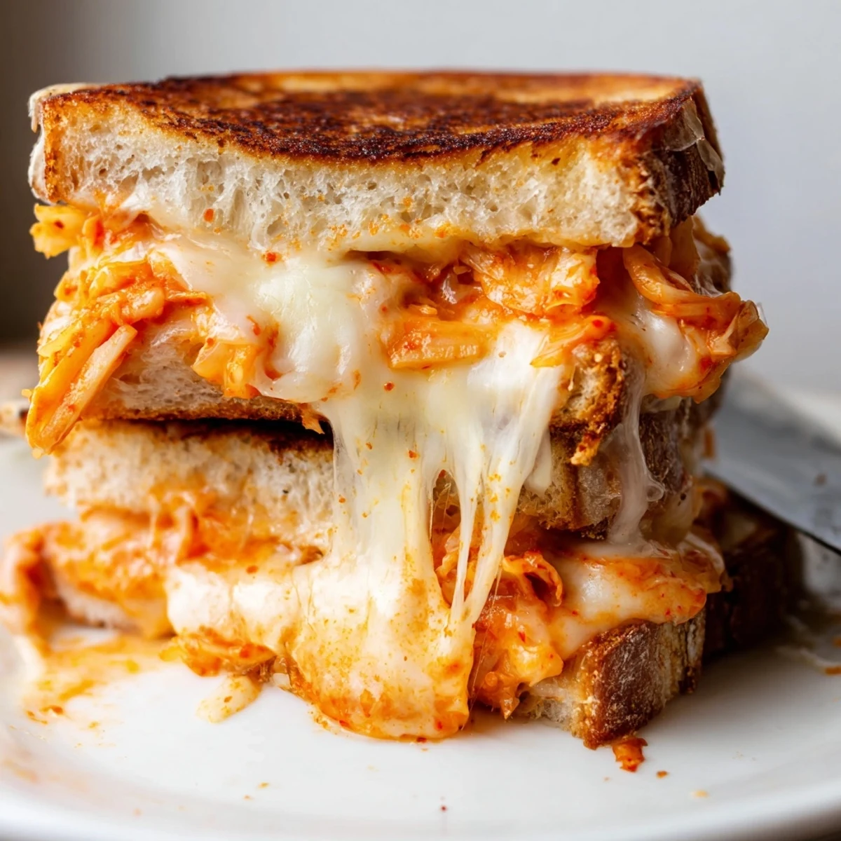 Korean-American kimchi grilled cheese sandwich with crispy exterior and oozing cheese served on a white plate