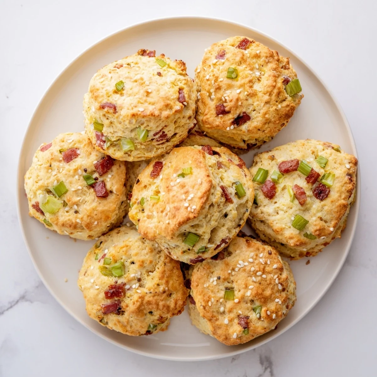 Golden brown homemade Chinese sausage biscuits studded with savory sausage pieces and scallions on a white plate