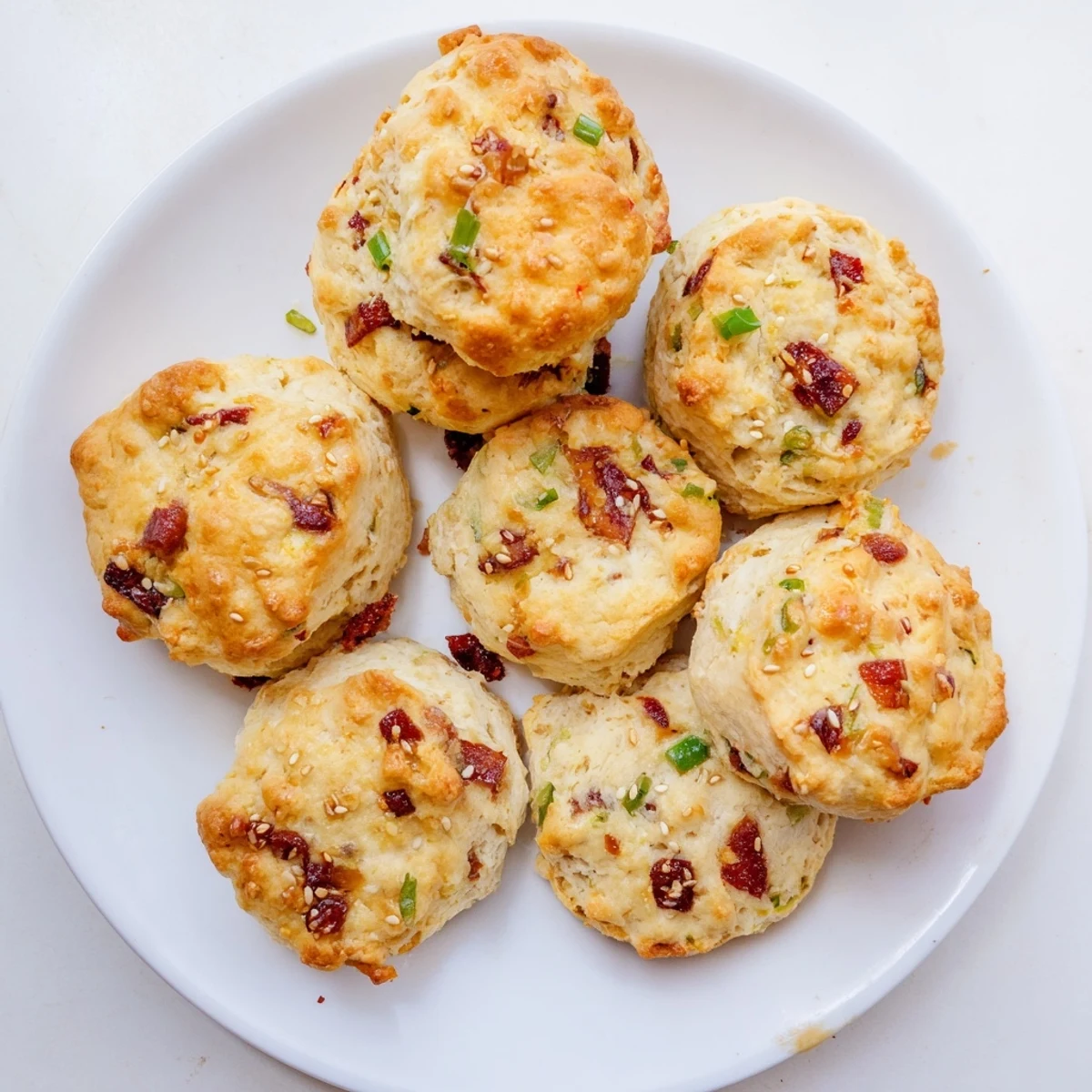 Freshly baked homemade Chinese sausage biscuits with flaky layers, sesame seeds, and golden crusts cooling on a wire rack