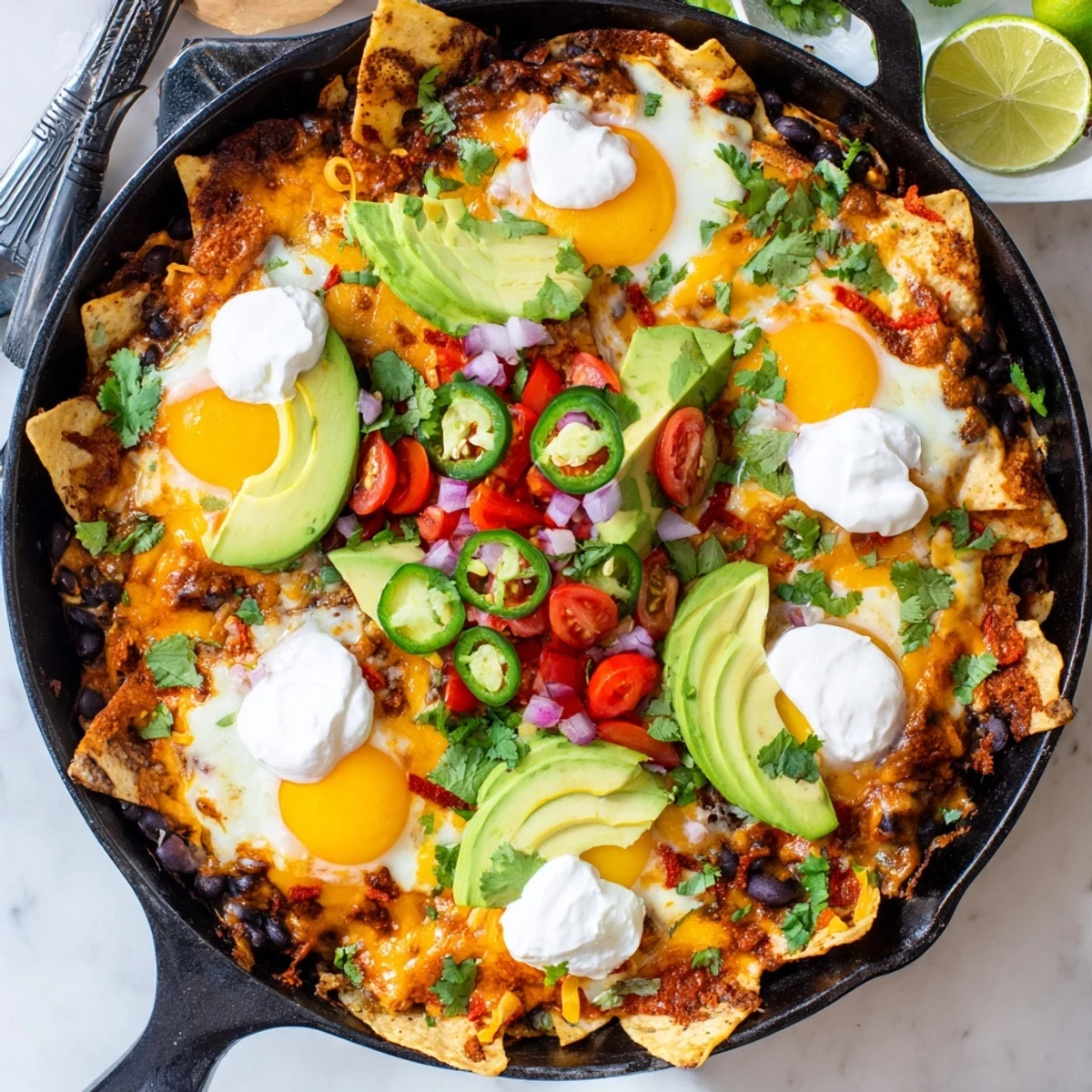 Golden Mexican egg nachos with melted cheese, baked eggs, and fresh avocado slices