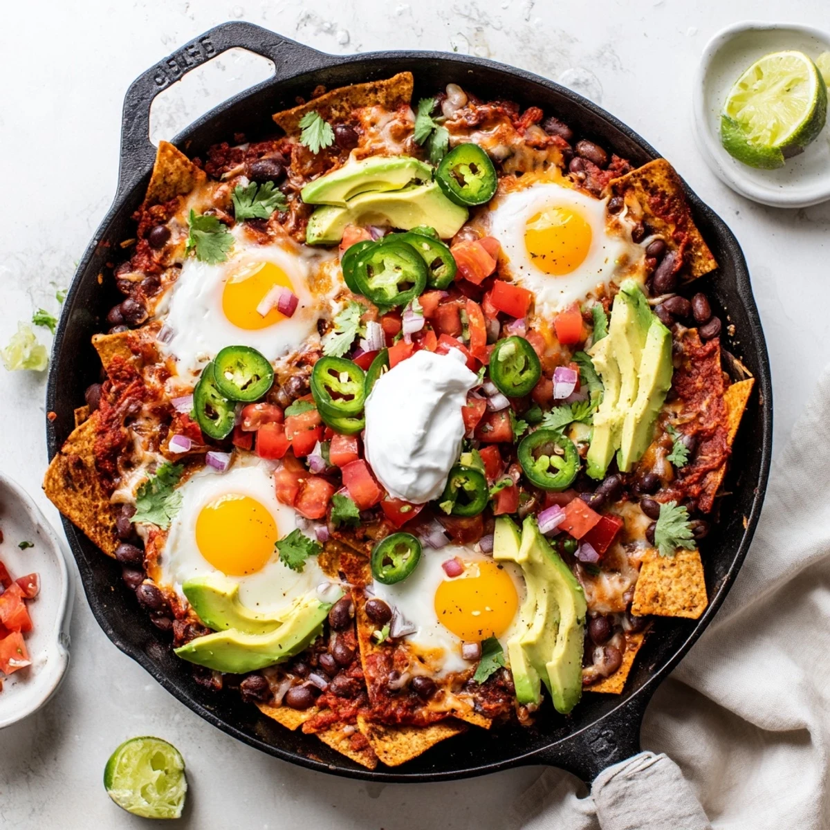 Hearty sheet pan Mexican egg nachos featuring bubbly cheddar and vibrant salsa garnishes