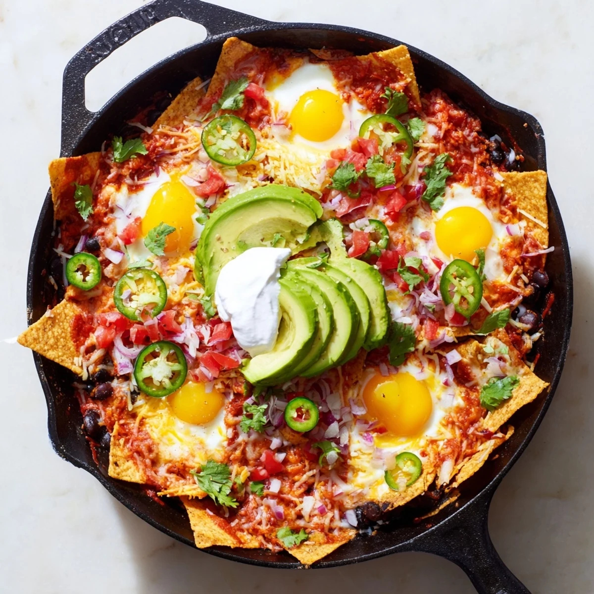 Crispy tortilla chips loaded with spiced black beans, runny eggs, and creamy toppings
