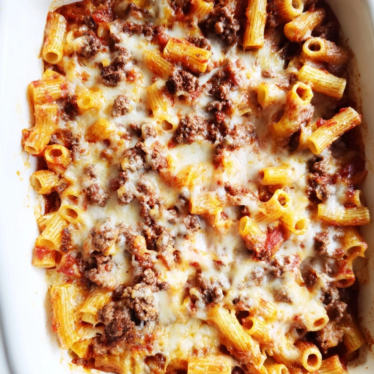 Golden brown garlic butter beefaroni baked with melted mozzarella and parmesan cheese topping