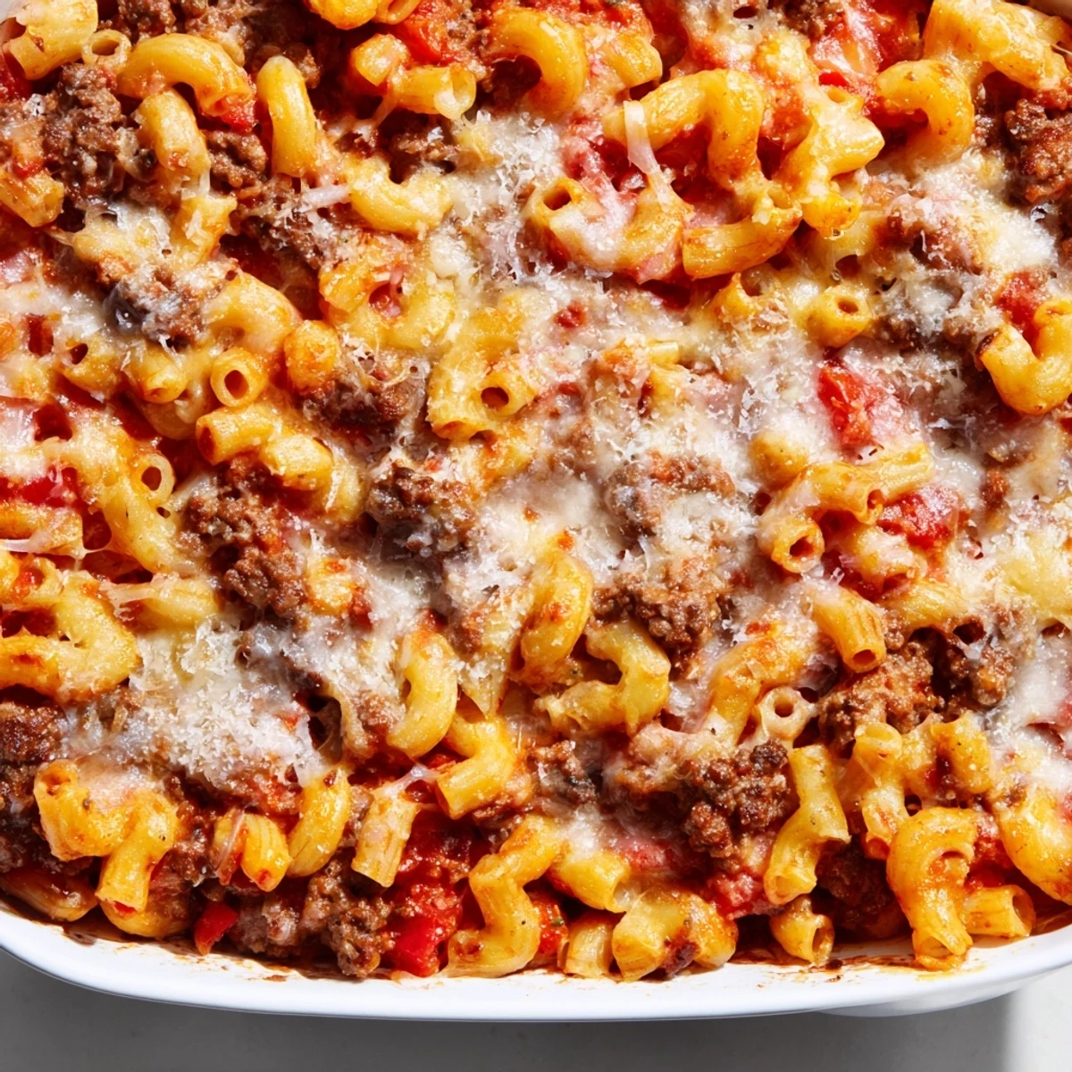 Comforting pasta dish featuring ground beef and macaroni in rich garlic butter tomato sauce