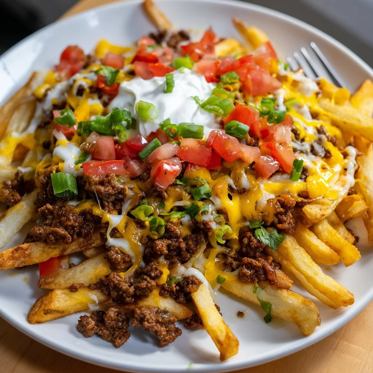 Golden crispy fries topped with seasoned taco beef and melted cheddar cheese for a hearty appetizer