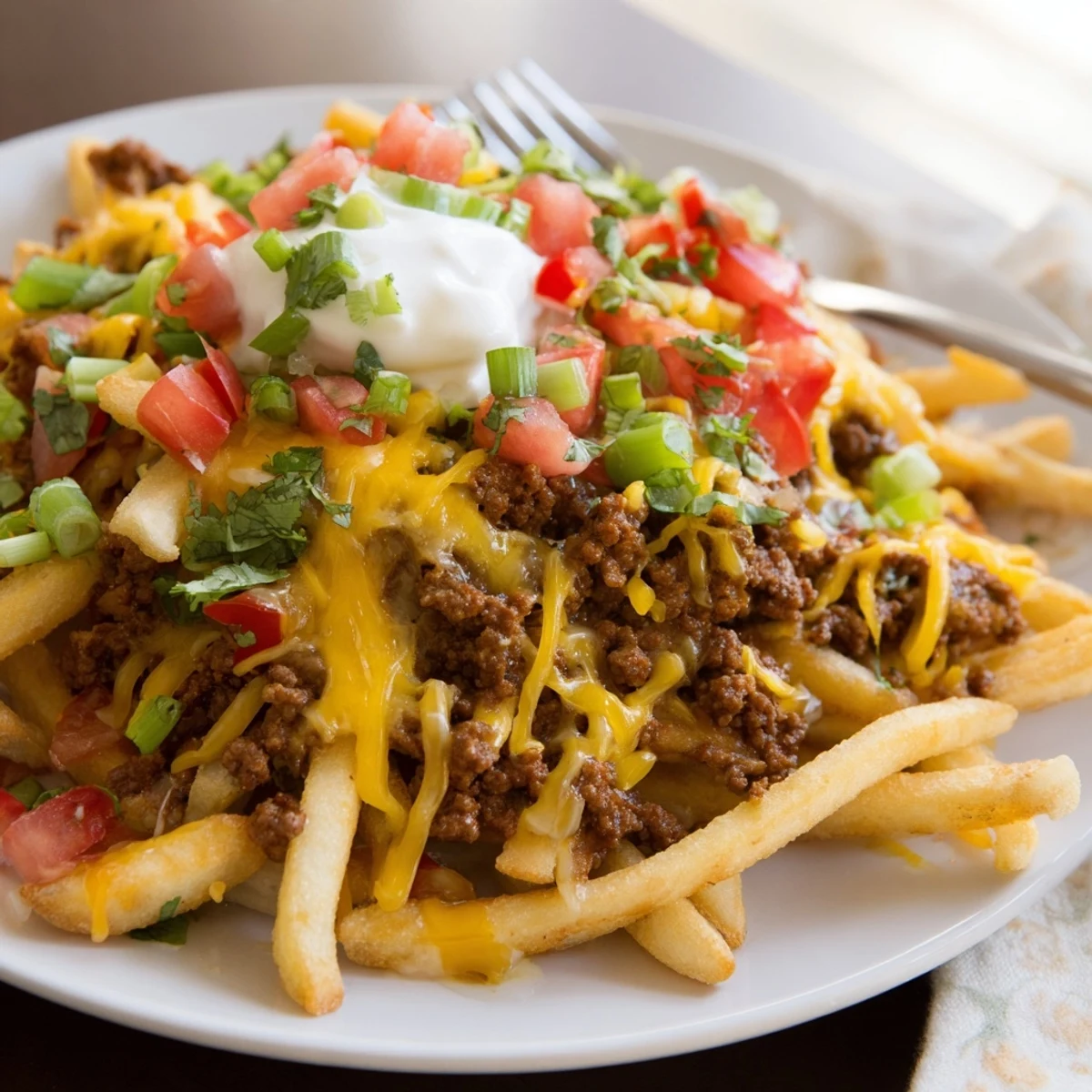 Baked French fries piled high with spiced ground beef Monterey Jack and colorful Mexican toppings