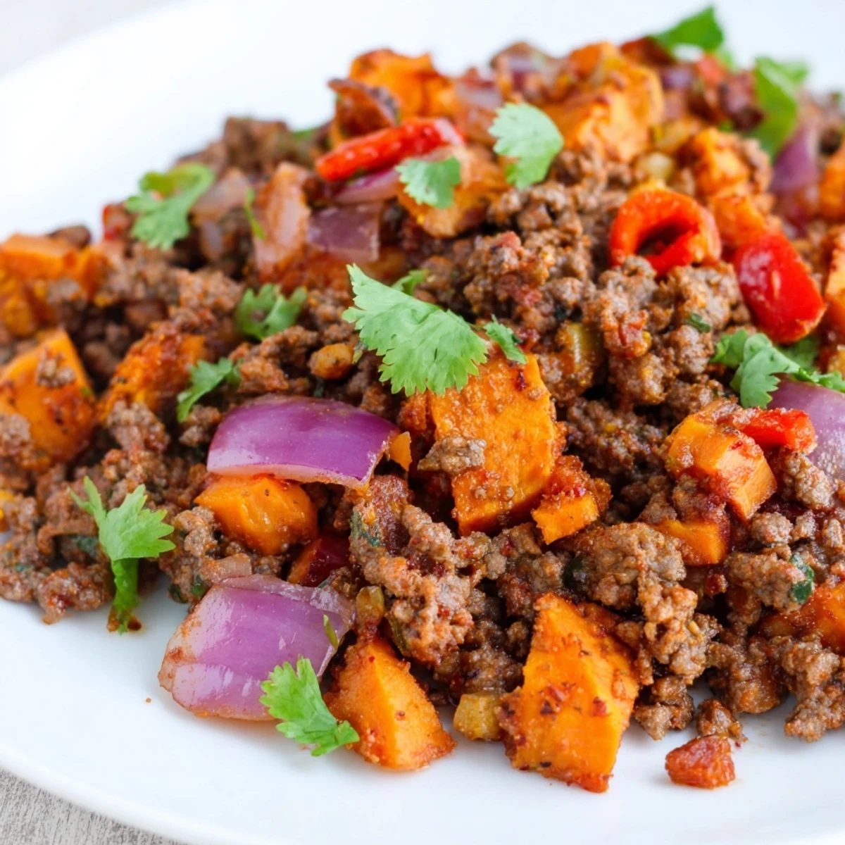 Hearty Southwest ground beef and sweet potato skillet served with fresh avocado and cilantro garnish
