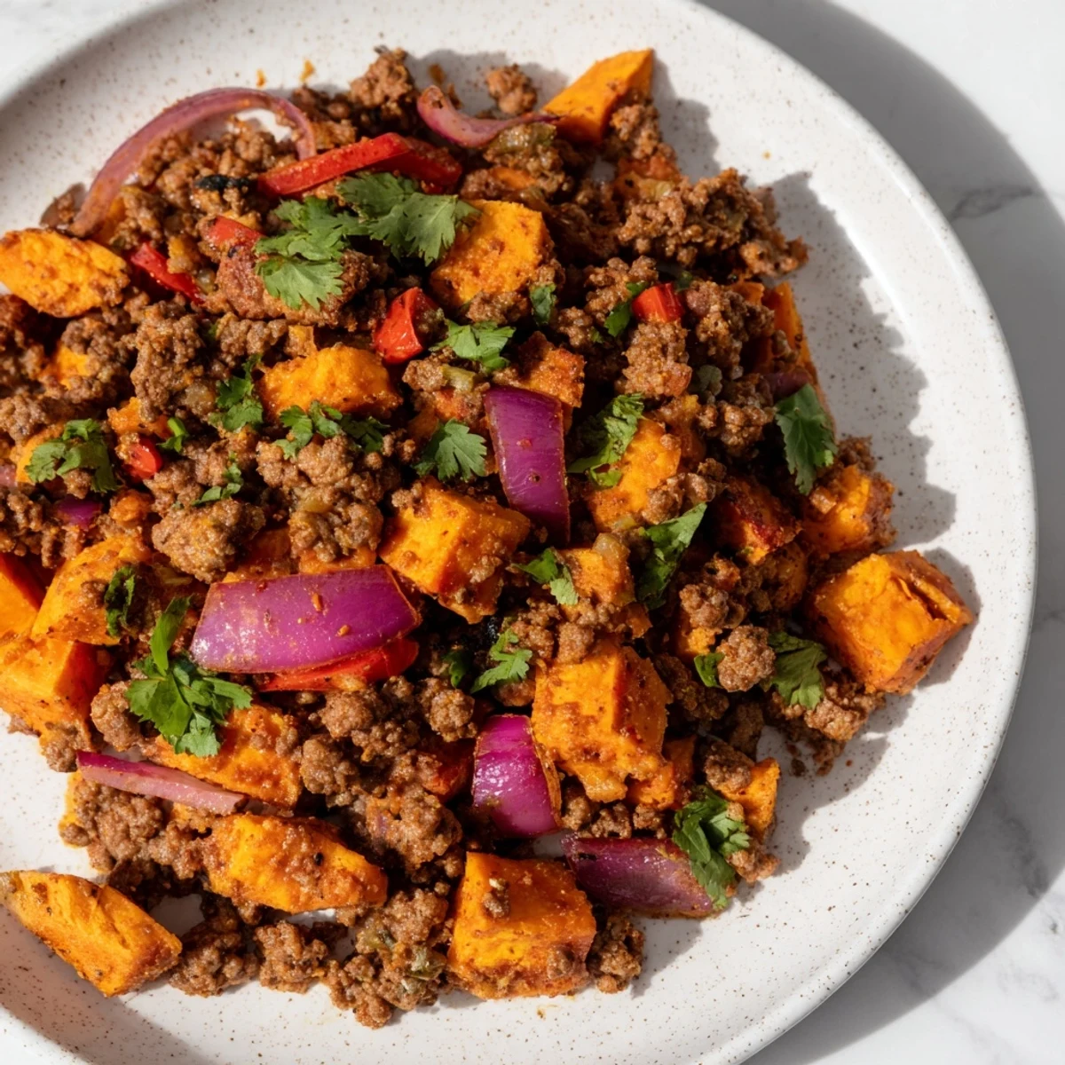 Golden brown Southwest ground beef and sweet potato skillet topped with melted cheese and cilantro