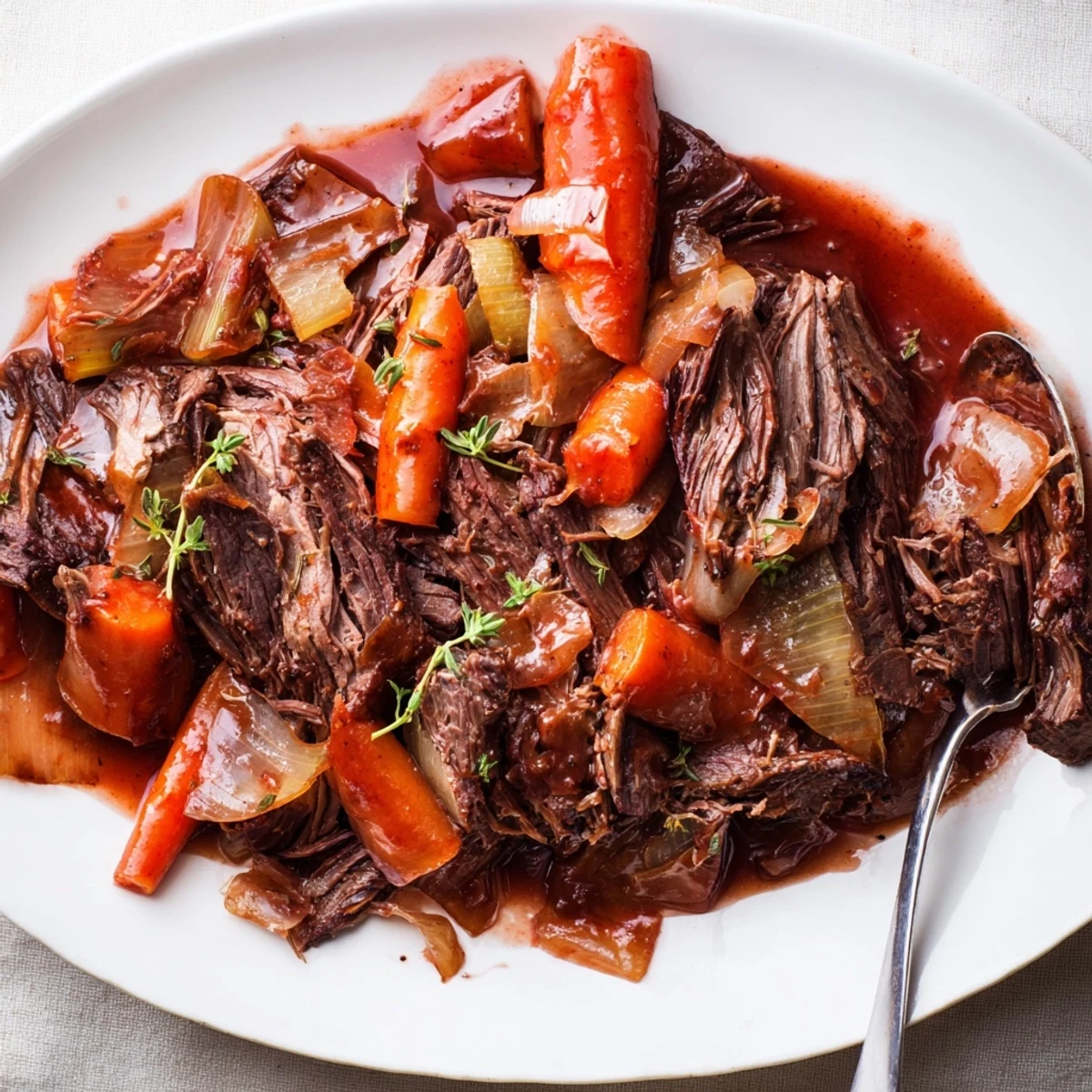 Fork-tender red grape juice braised chuck roast served with tender carrots and celery